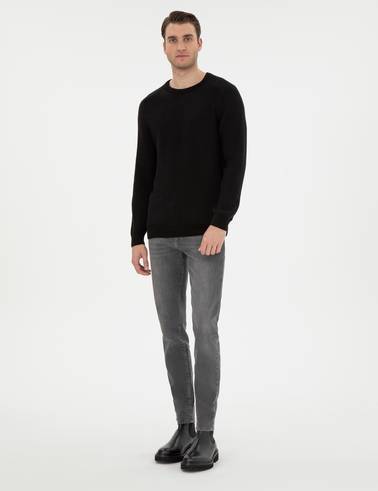 Siyah Slim Fit Bisiklet Yaka Triko Kazak