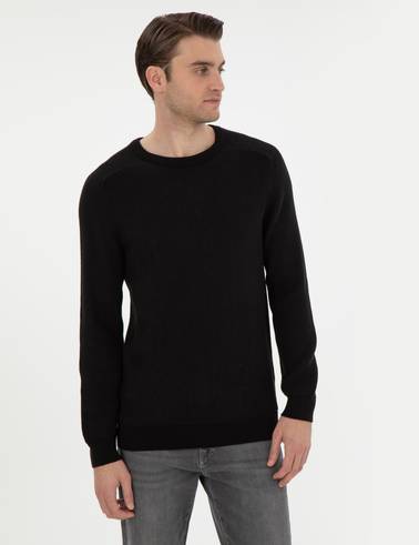 Siyah Slim Fit Bisiklet Yaka Triko Kazak