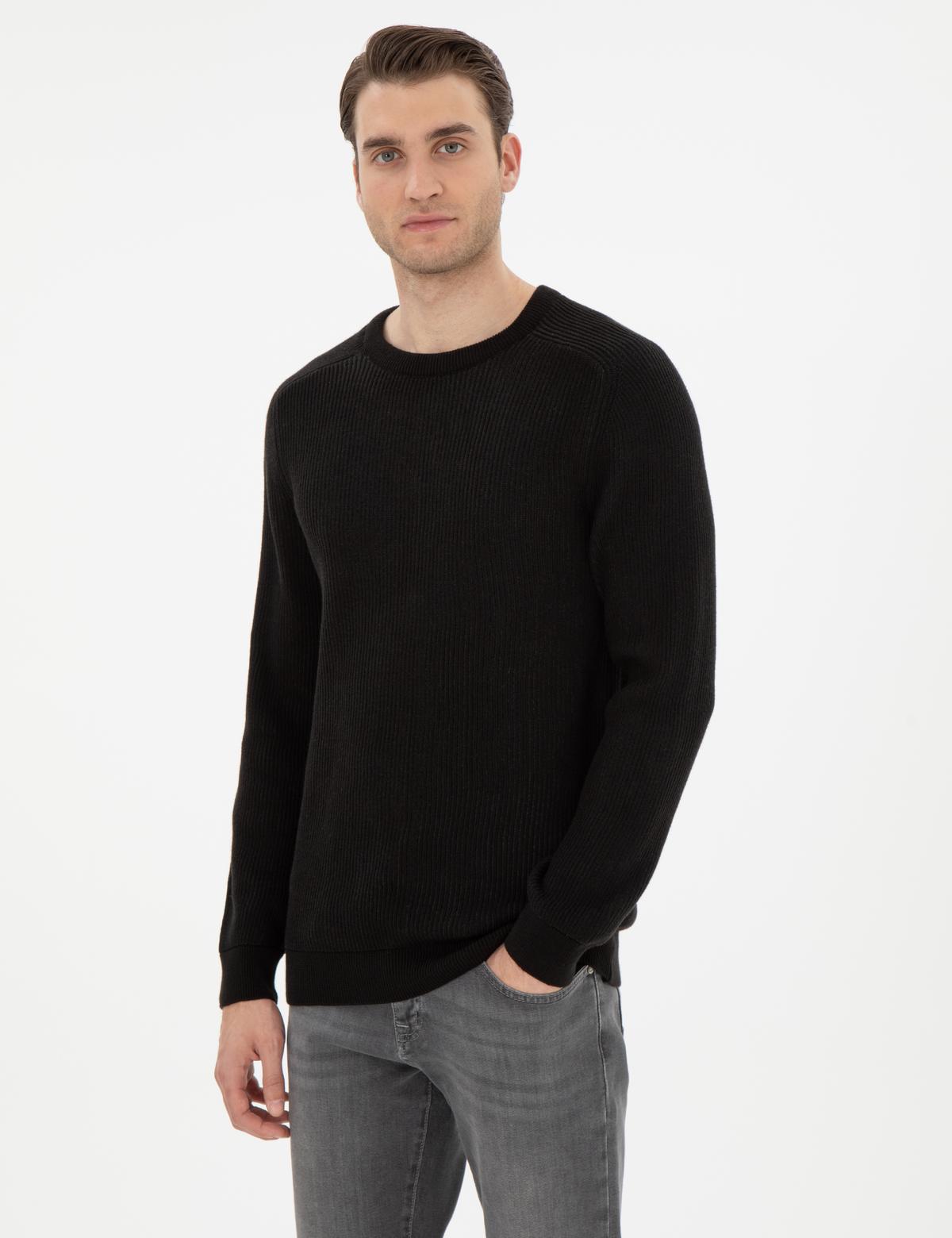 Siyah Slim Fit Bisiklet Yaka Triko Kazak