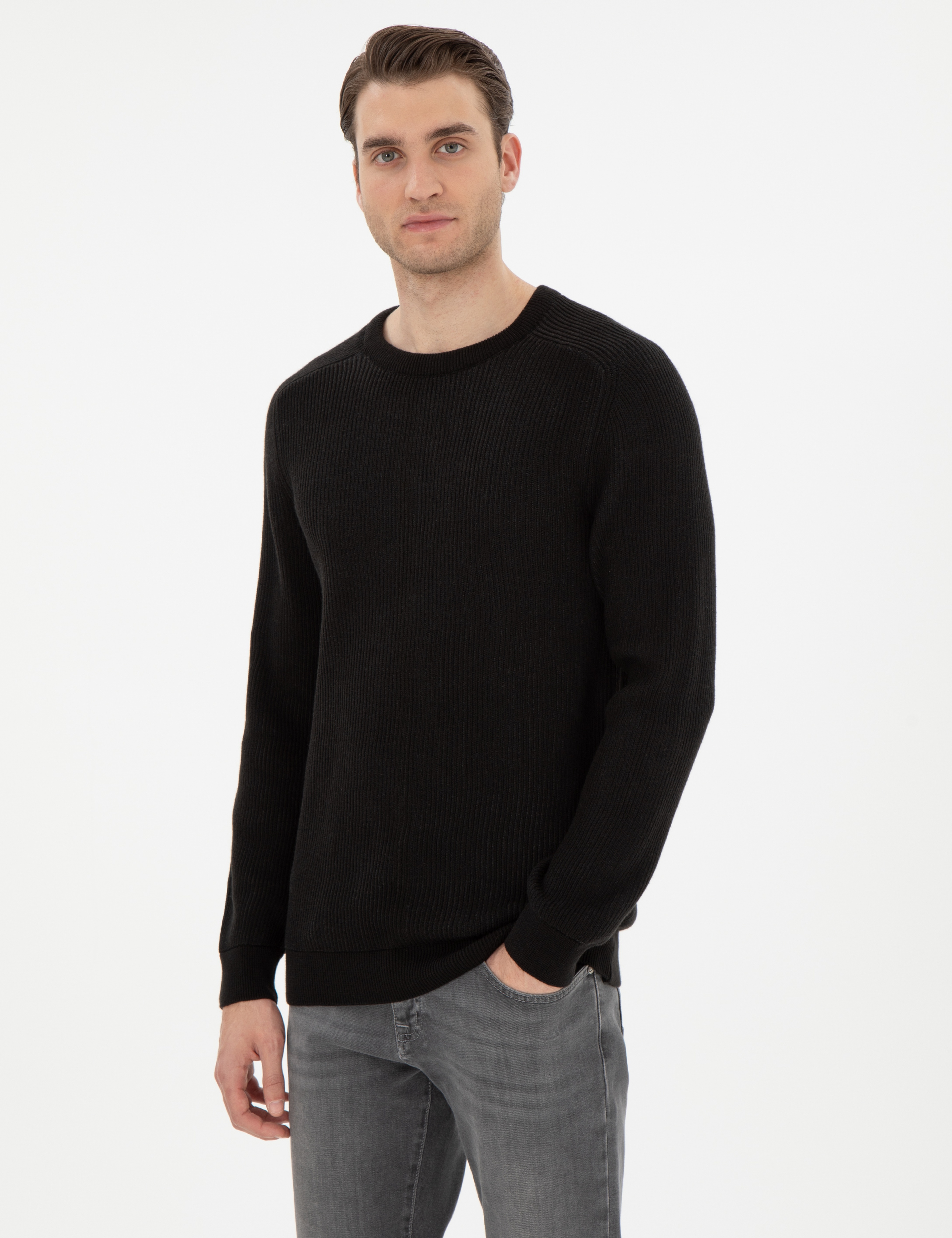 Siyah Slim Fit Bisiklet Yaka Triko Kazak - Image 1