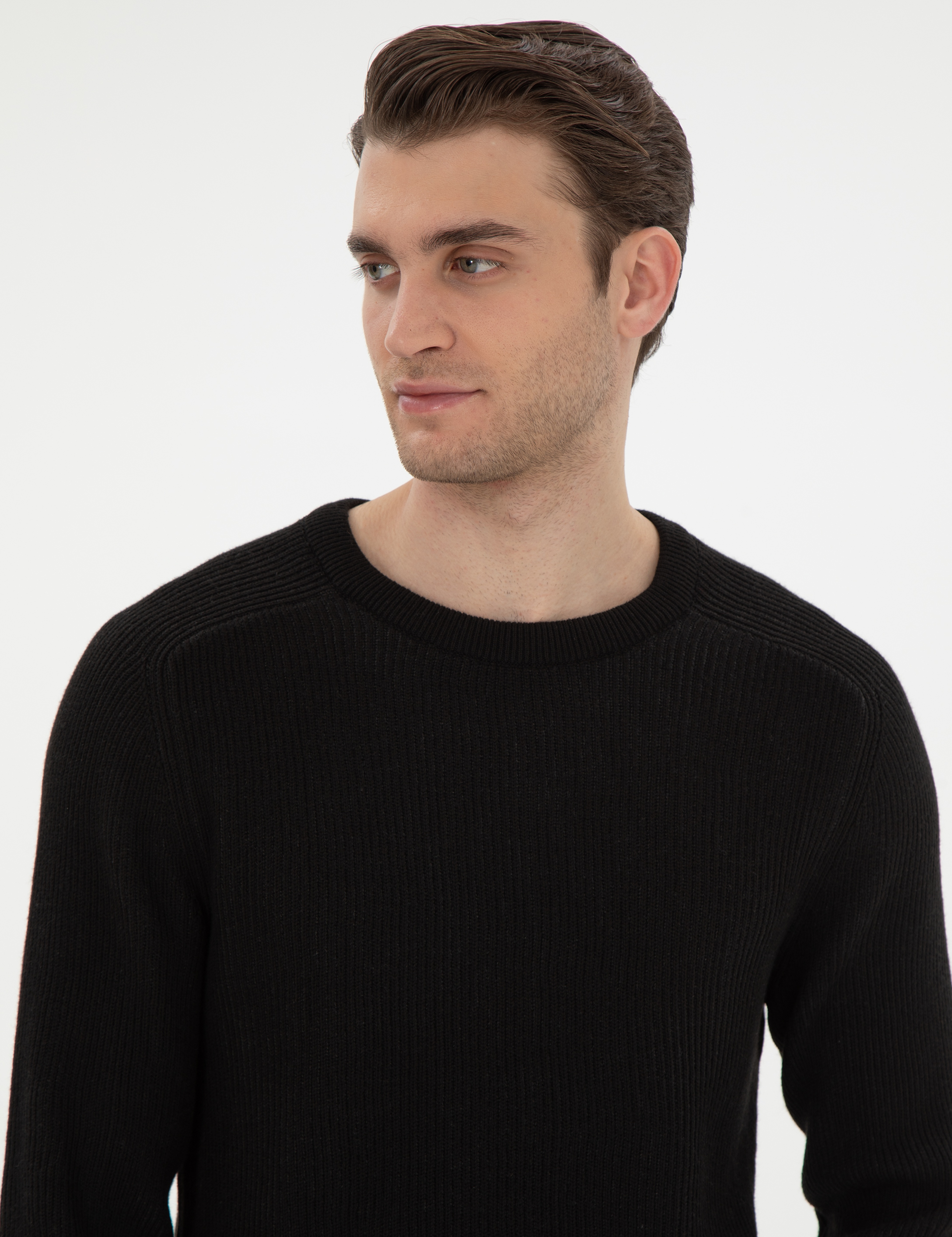 Siyah Slim Fit Bisiklet Yaka Triko Kazak