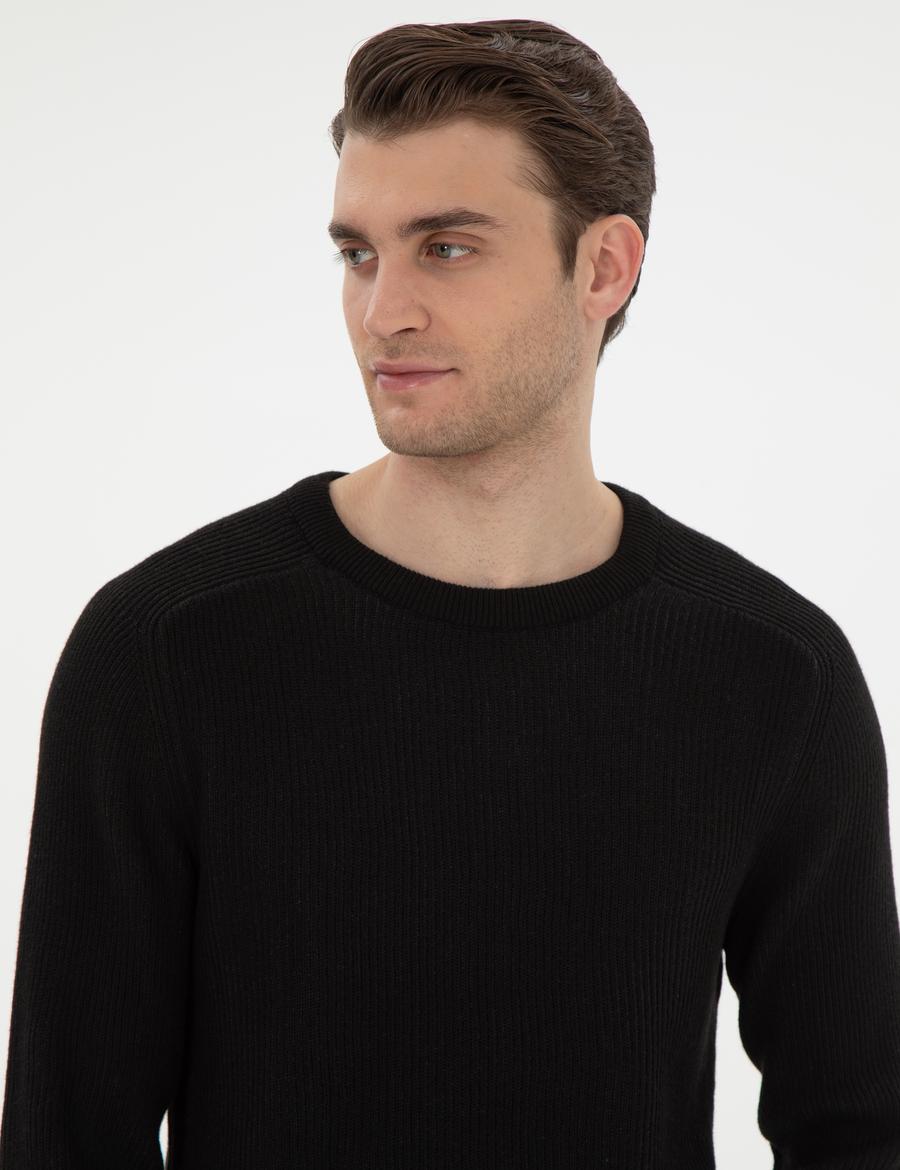 Siyah Slim Fit Bisiklet Yaka Triko Kazak