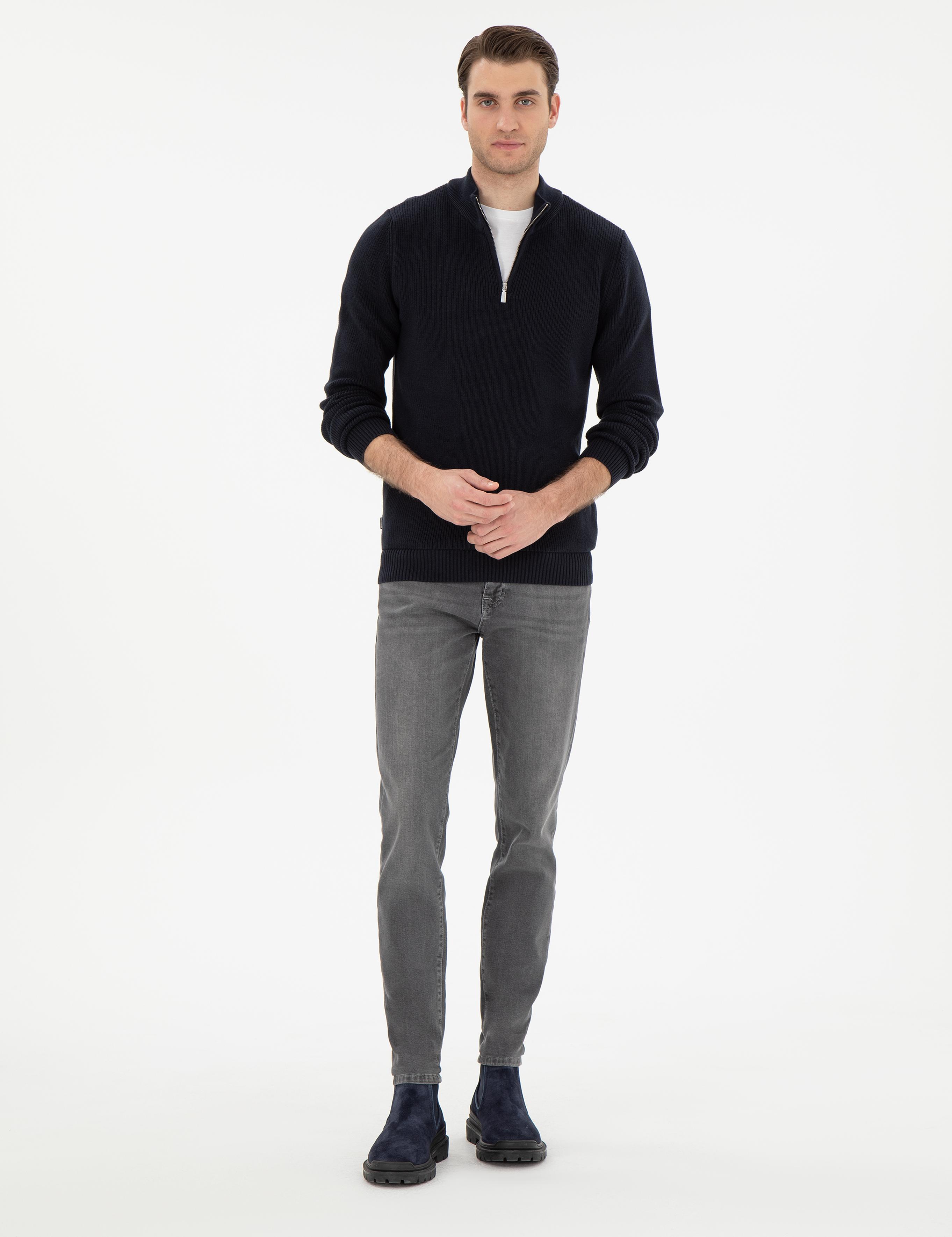 Lacivert Slim Fit Fermuarlı Dik Yaka Triko Kazak