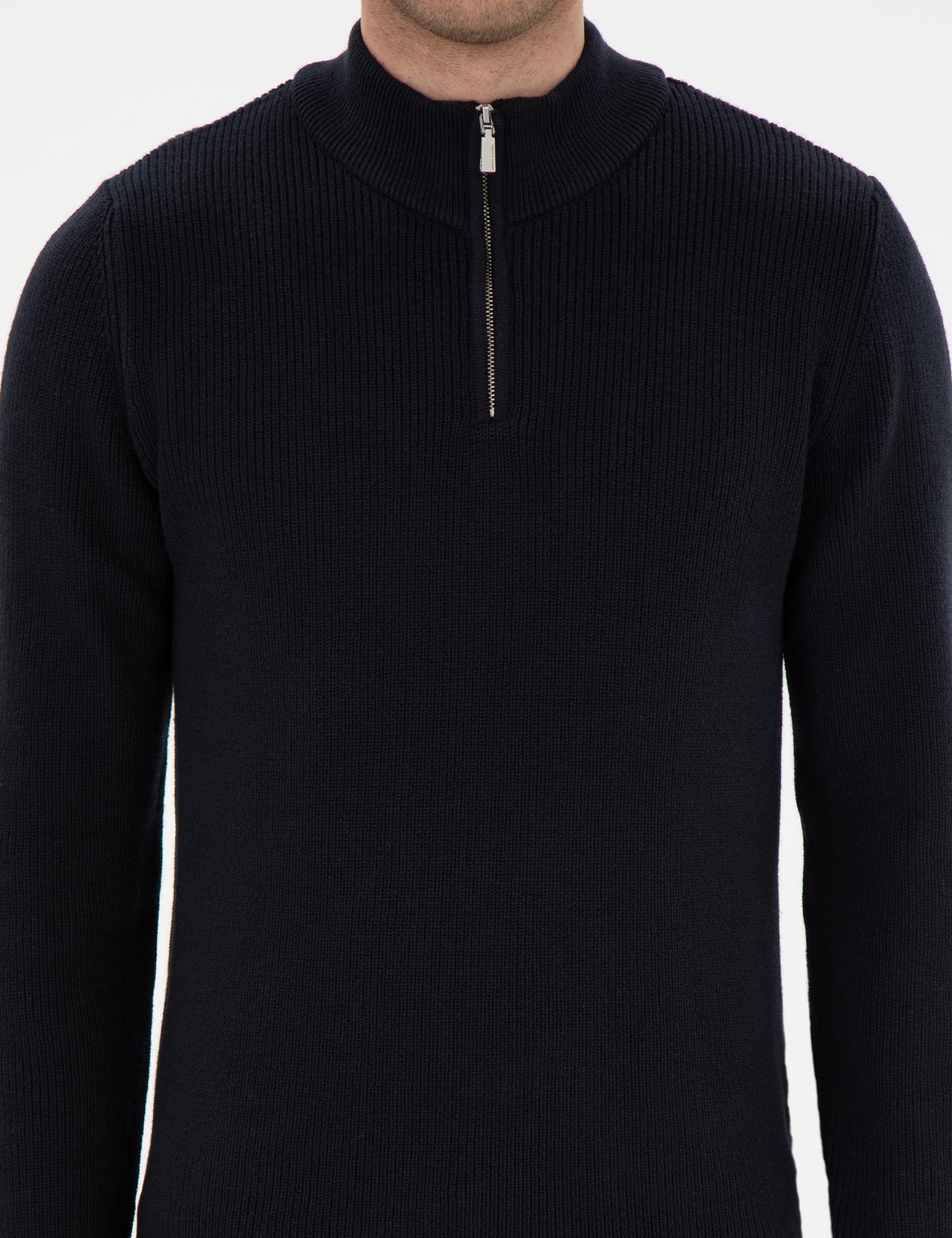 Lacivert Slim Fit Fermuarlı Dik Yaka Triko Kazak - 50297123016