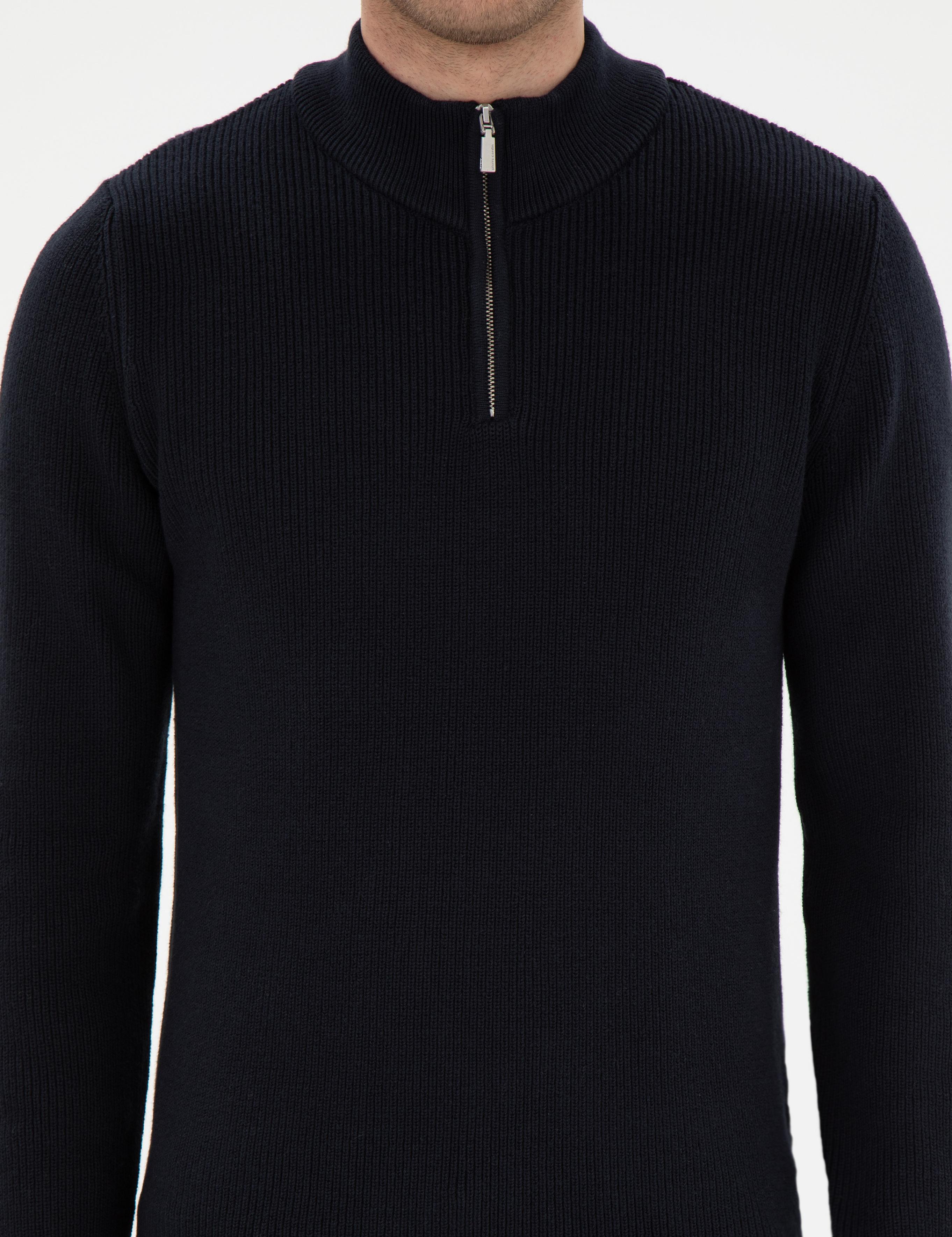 Lacivert Slim Fit Fermuarlı Dik Yaka Triko Kazak