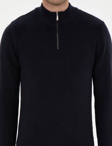 Lacivert Slim Fit Fermuarlı Dik Yaka Triko Kazak