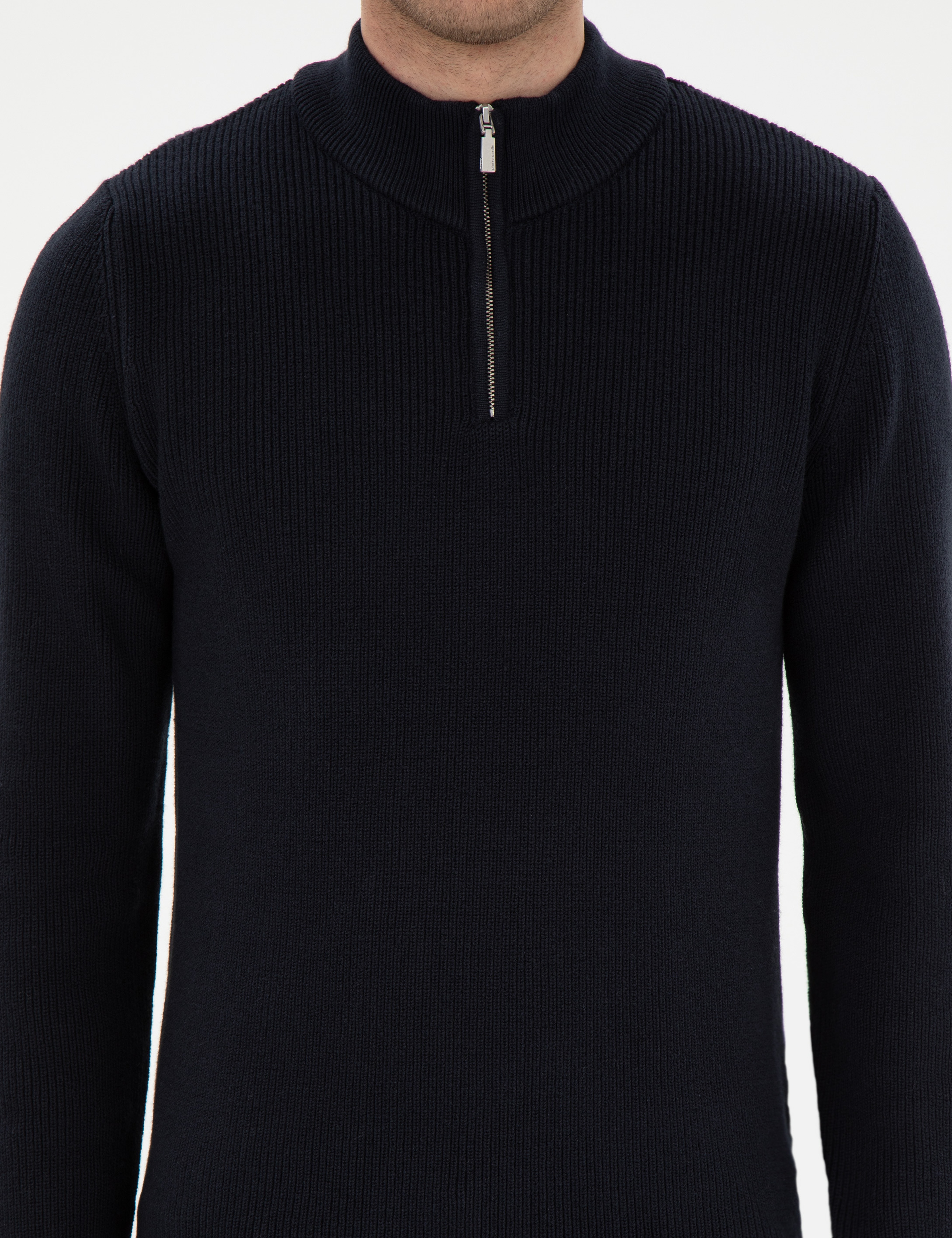 Lacivert Slim Fit Fermuarlı Dik Yaka Triko Kazak - Image 6
