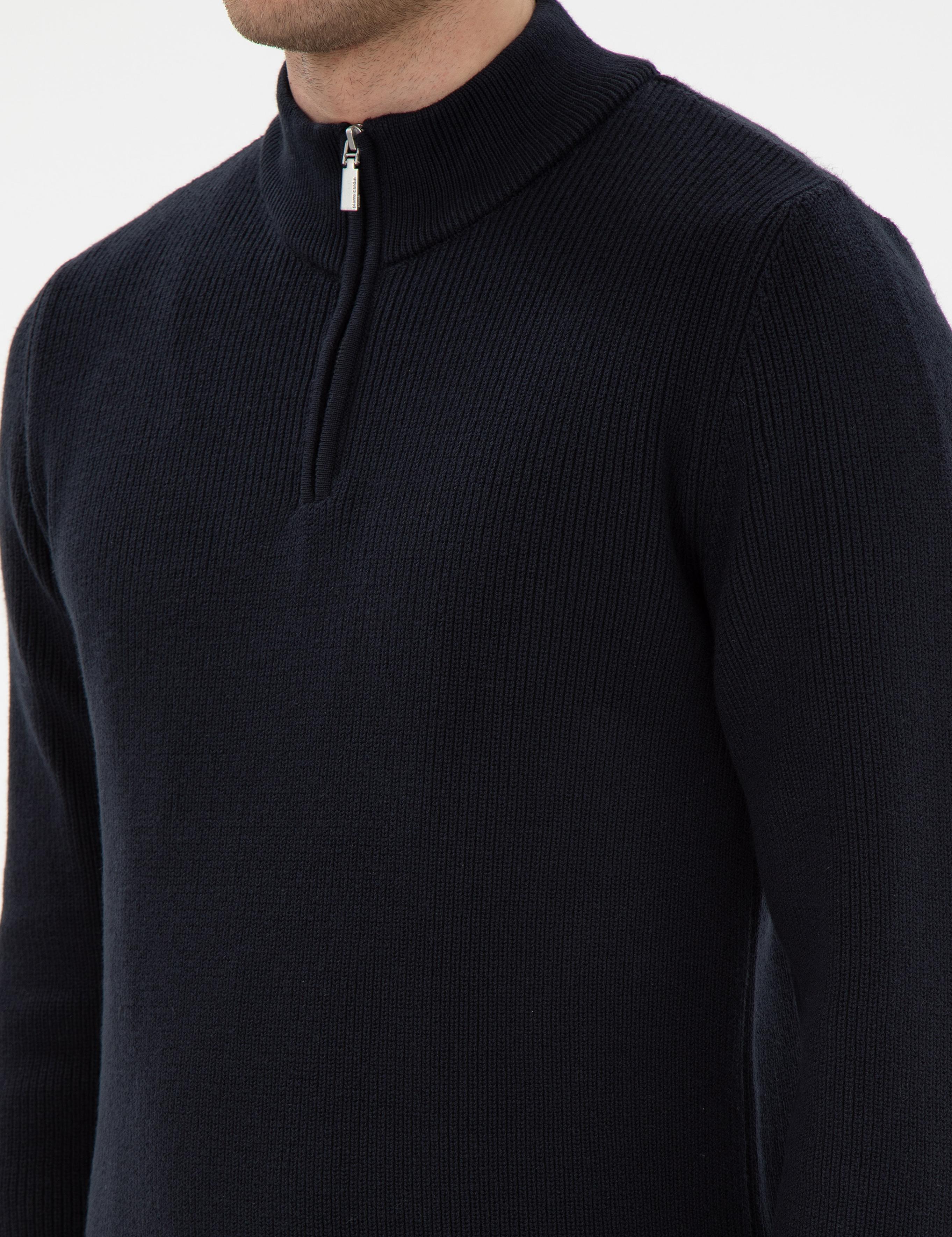 Lacivert Slim Fit Fermuarlı Dik Yaka Triko Kazak