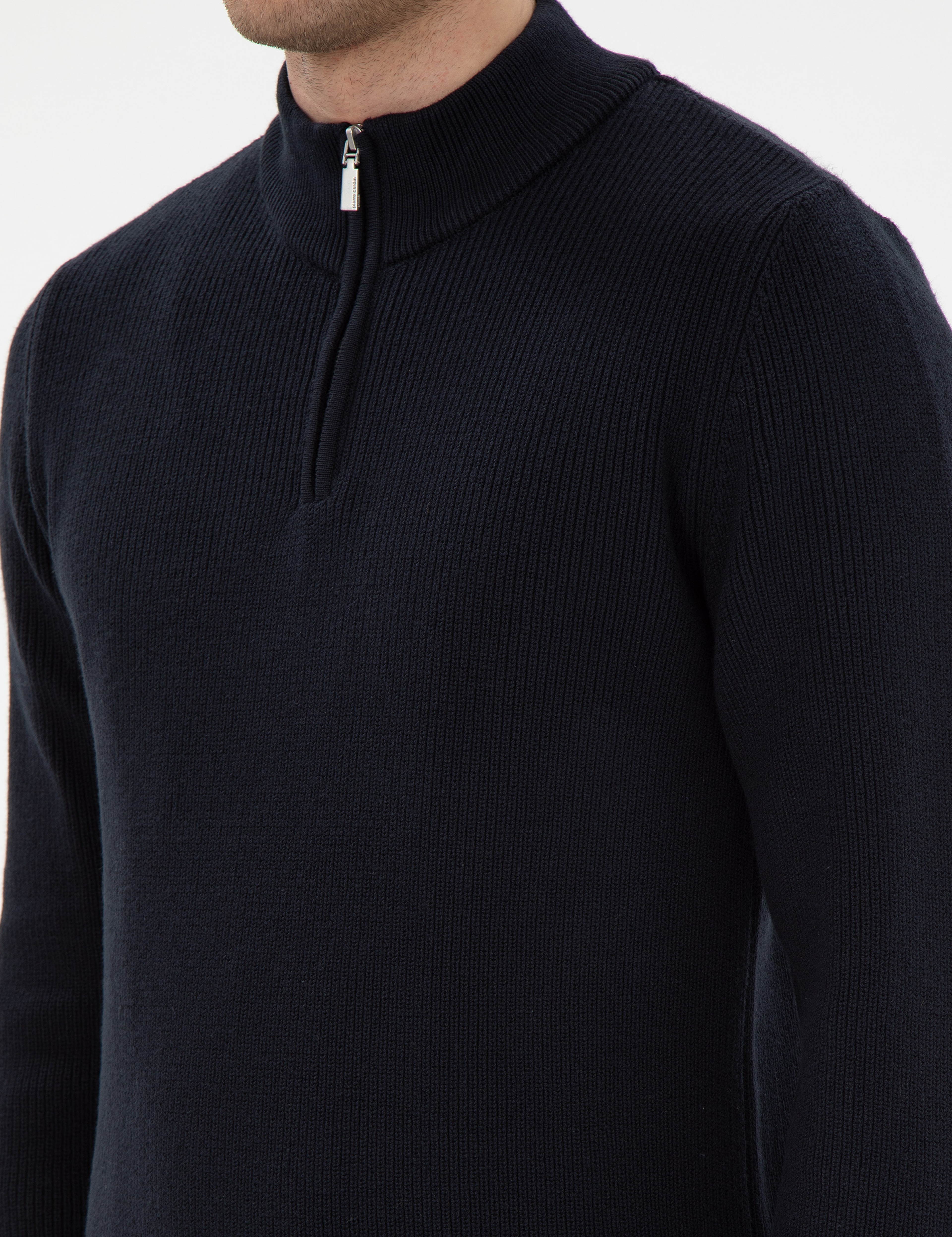 Lacivert Slim Fit Fermuarlı Dik Yaka Triko Kazak - Image 7