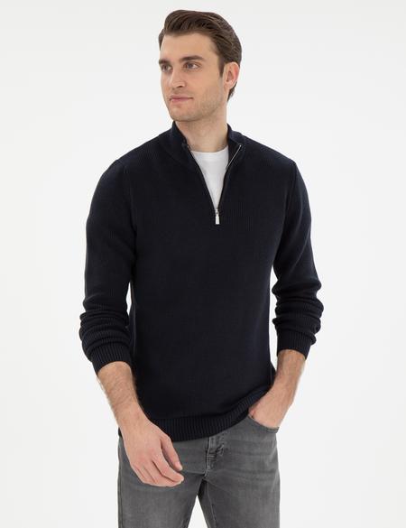 Lacivert Slim Fit Fermuarlı Dik Yaka Triko Kazak - 50297123016