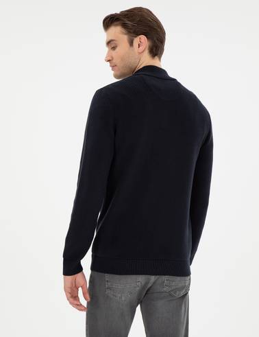Lacivert Slim Fit Fermuarlı Dik Yaka Triko Kazak