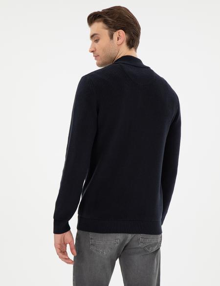 Lacivert Slim Fit Fermuarlı Dik Yaka Triko Kazak - 50297123016