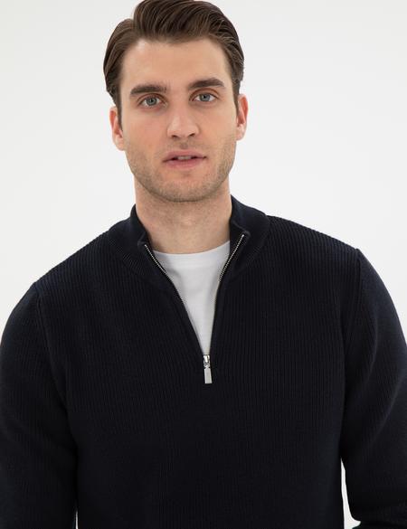 Lacivert Slim Fit Fermuarlı Dik Yaka Triko Kazak - 50297123016