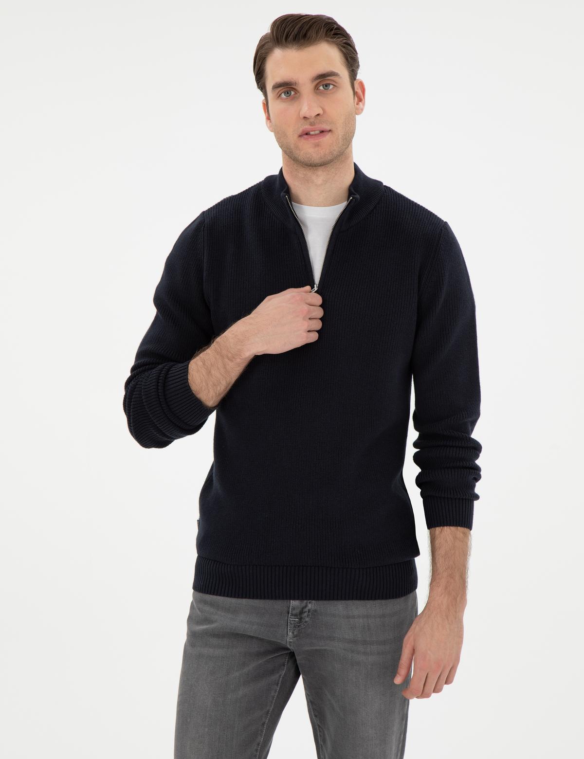 Lacivert Slim Fit Fermuarlı Dik Yaka Triko Kazak - 50297123016