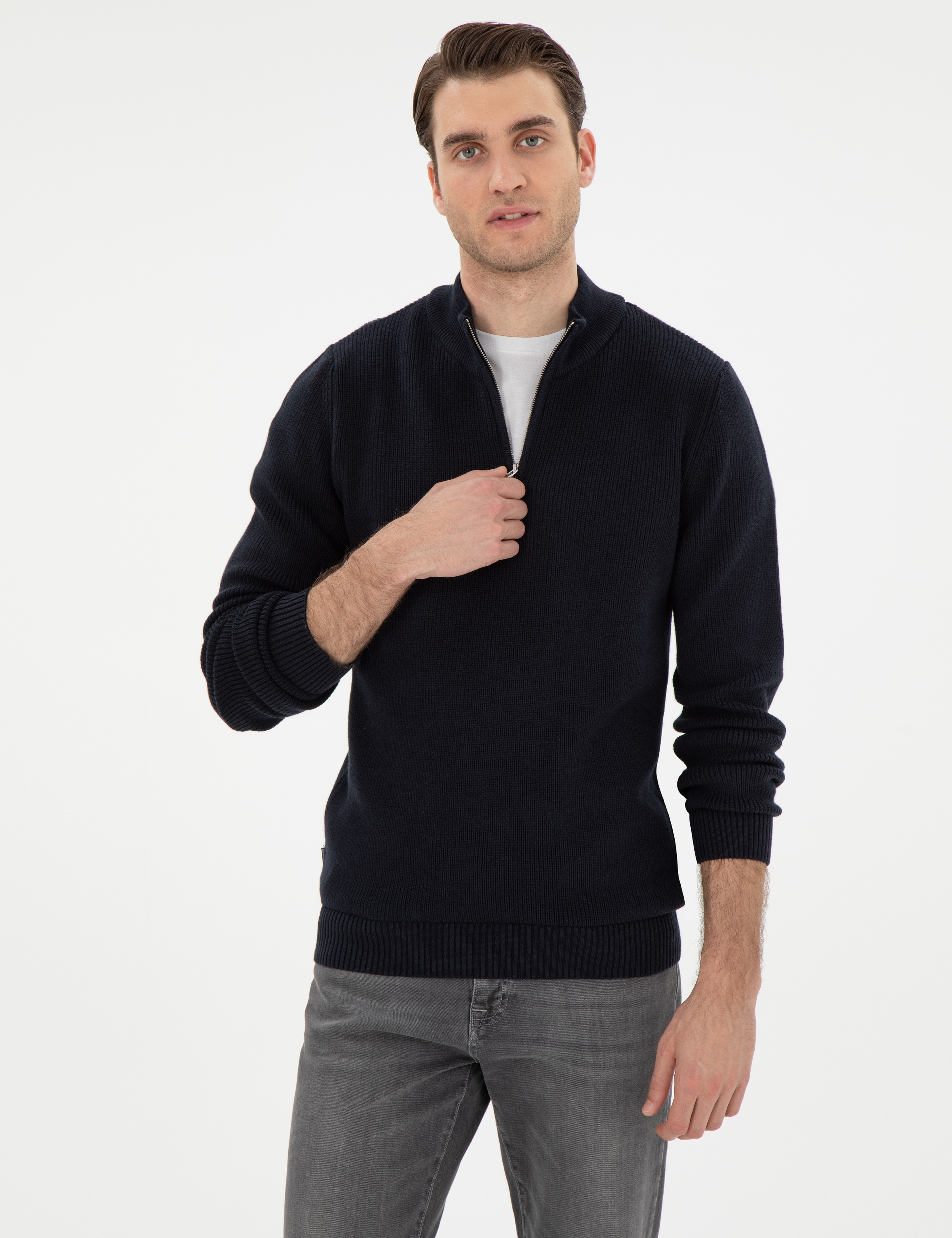 Lacivert Slim Fit Fermuarlı Dik Yaka Triko Kazak