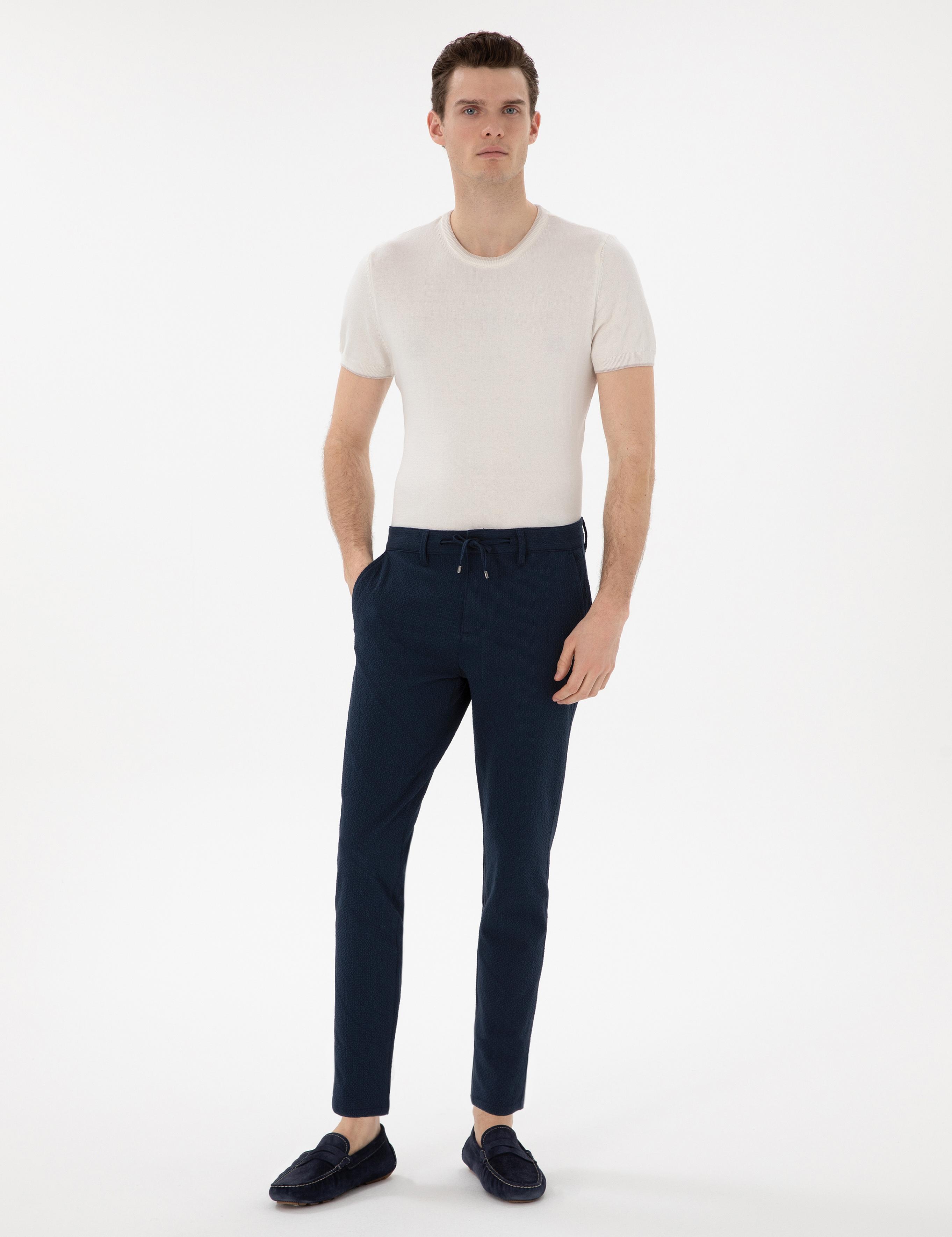 Lacivert Slim Fit Gofre Yazlık Kanvas Pantolon