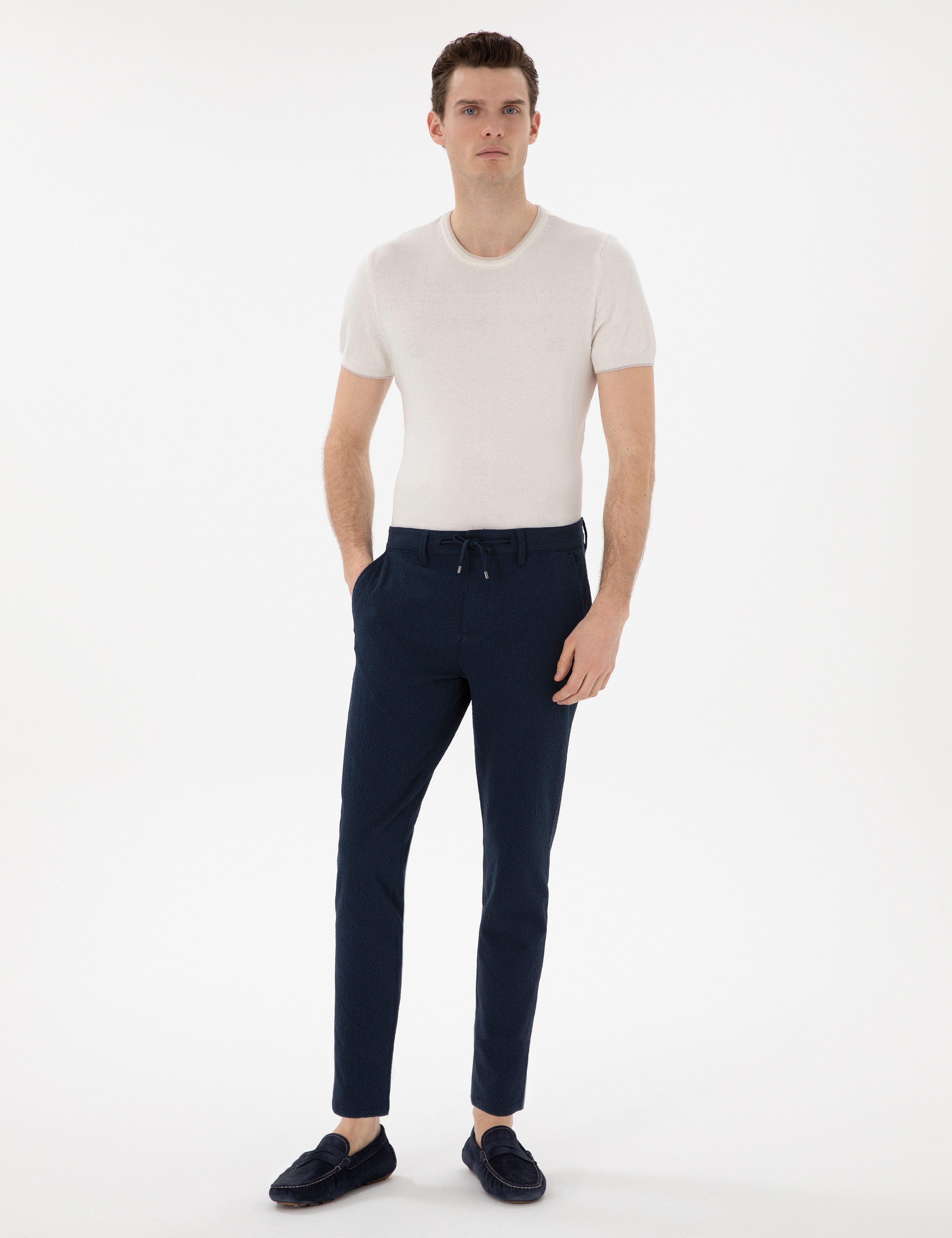 Lacivert Slim Fit Gofre Yazlık Kanvas Pantolon - Image 1