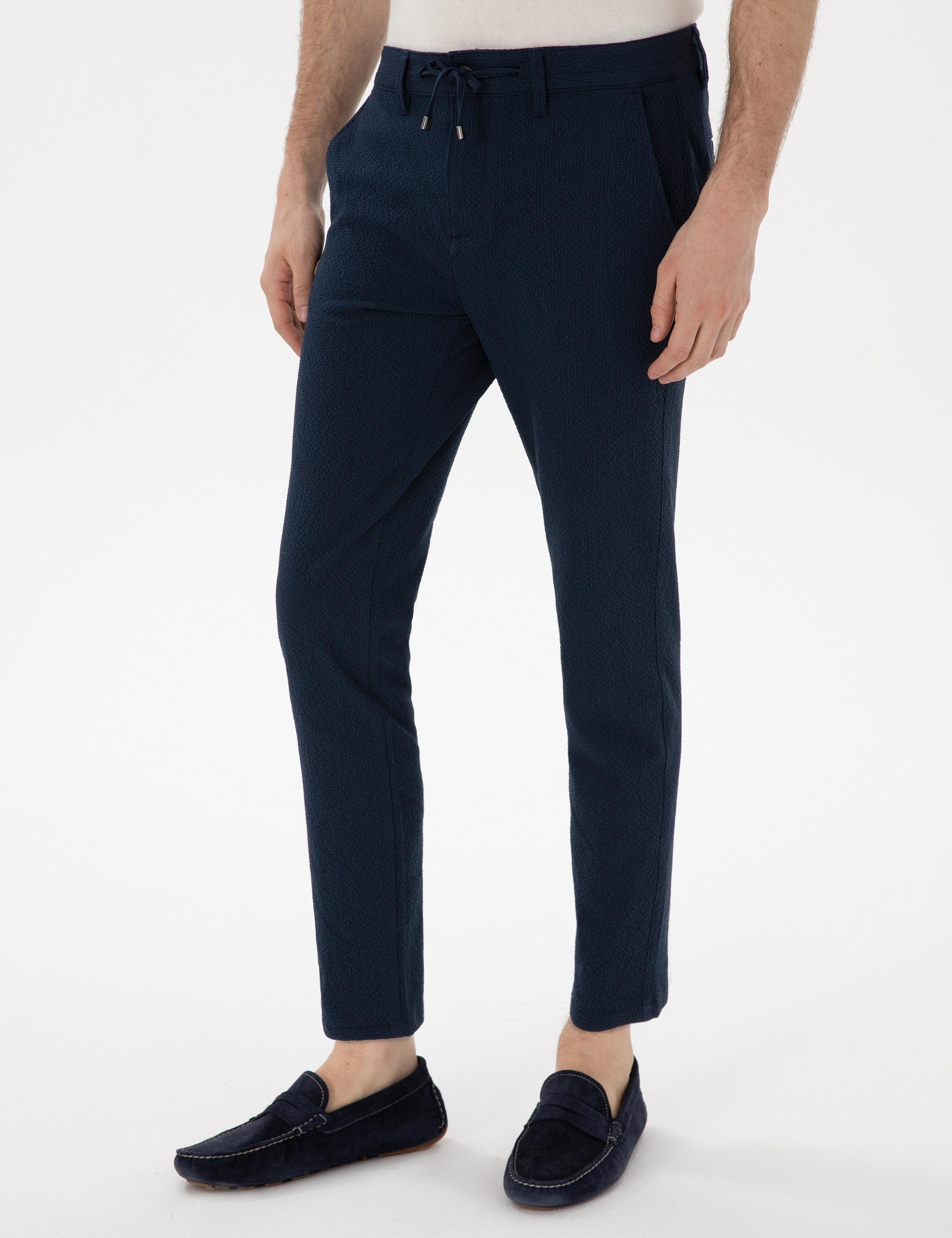Lacivert Slim Fit Gofre Yazlık Kanvas Pantolon