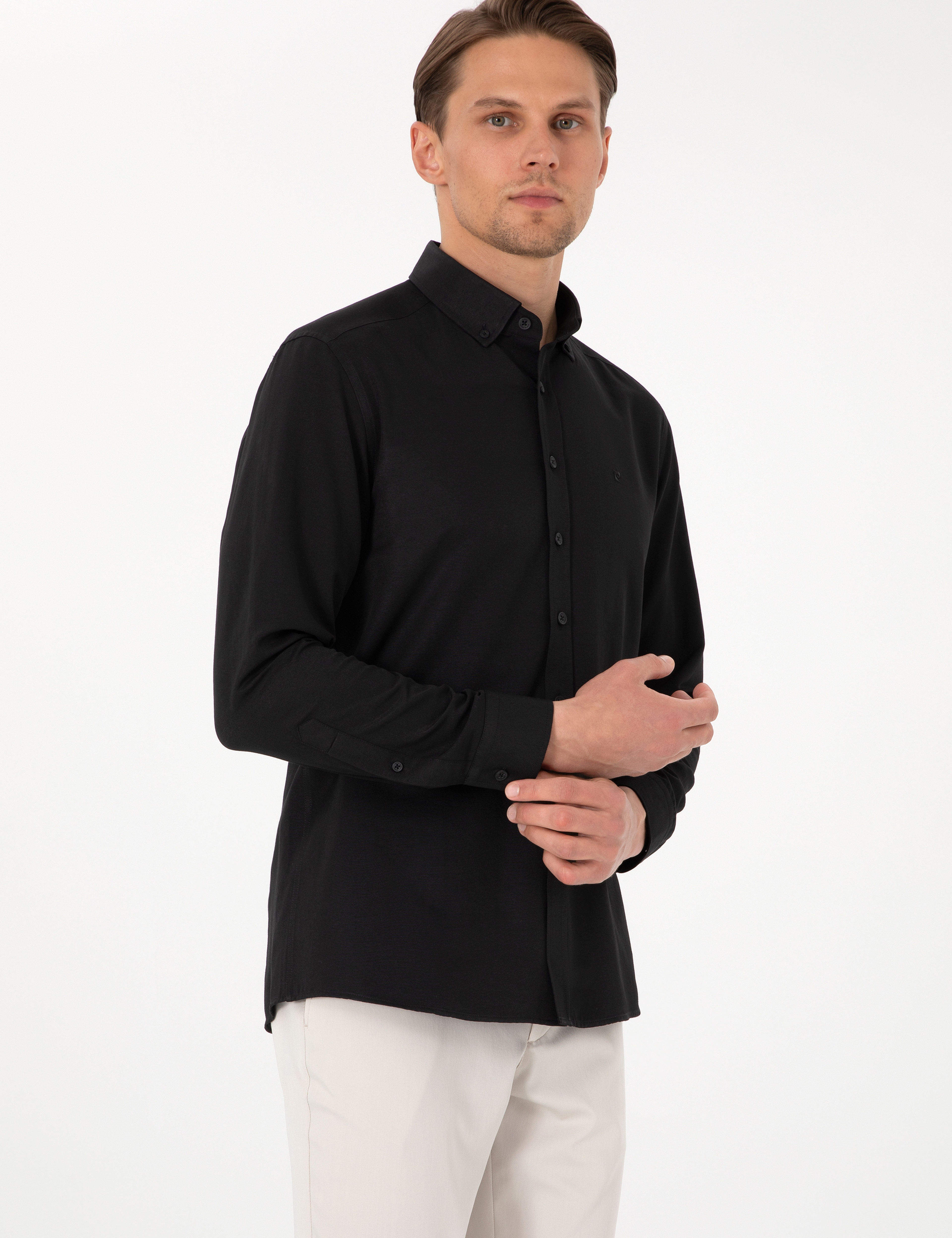 Siyah Oxford Slim Fit Kolay Ütülenebilir Gömlek - Image 3