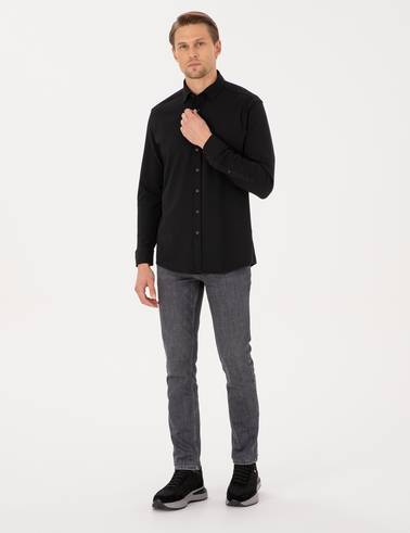 Siyah Esnek Slim Fit Çizgili Uzun Kollu Gömlek