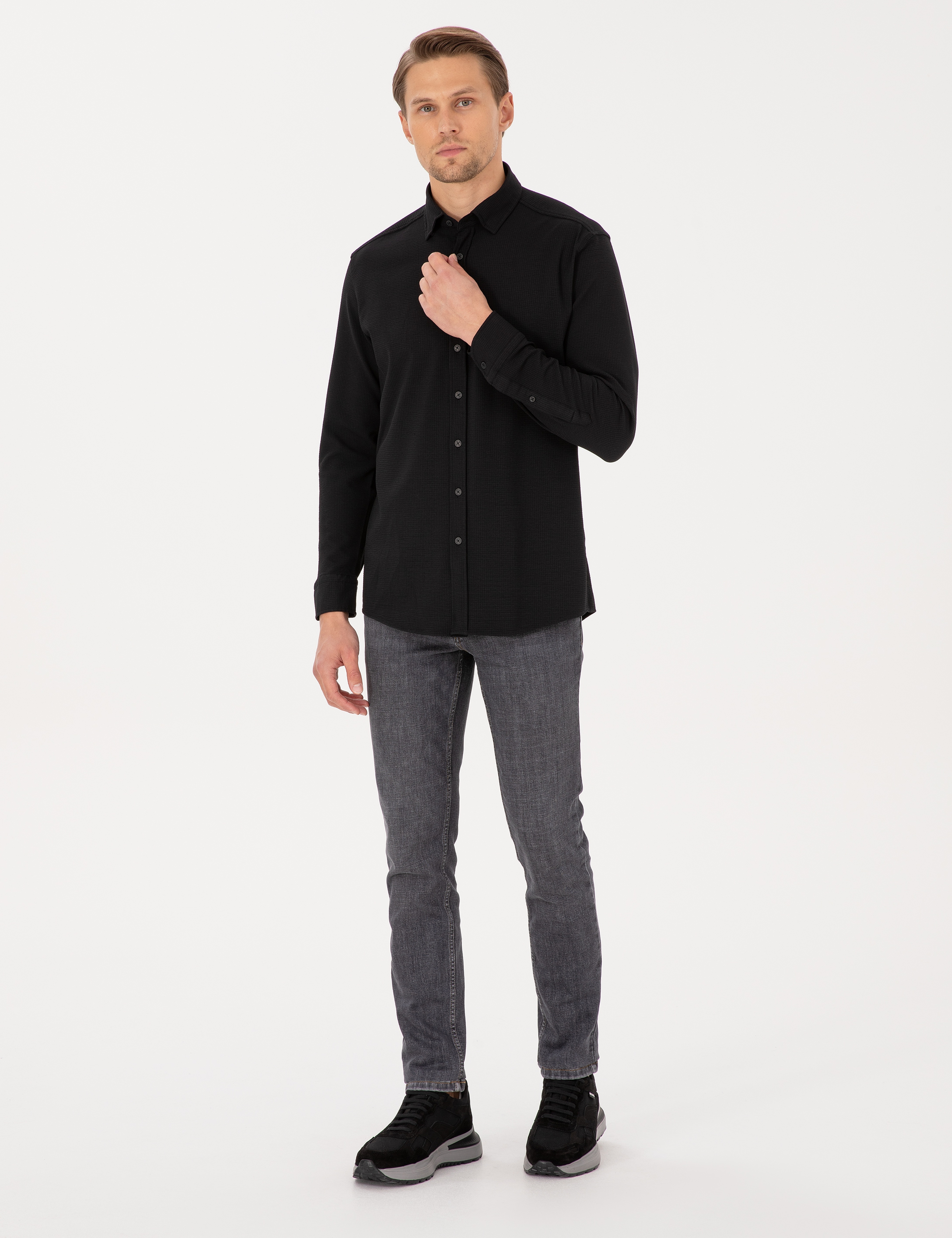 Siyah Esnek Slim Fit Çizgili Uzun Kollu Gömlek - Image 4