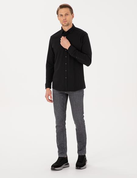 Siyah Esnek Slim Fit Çizgili Uzun Kollu Gömlek - 50307162035