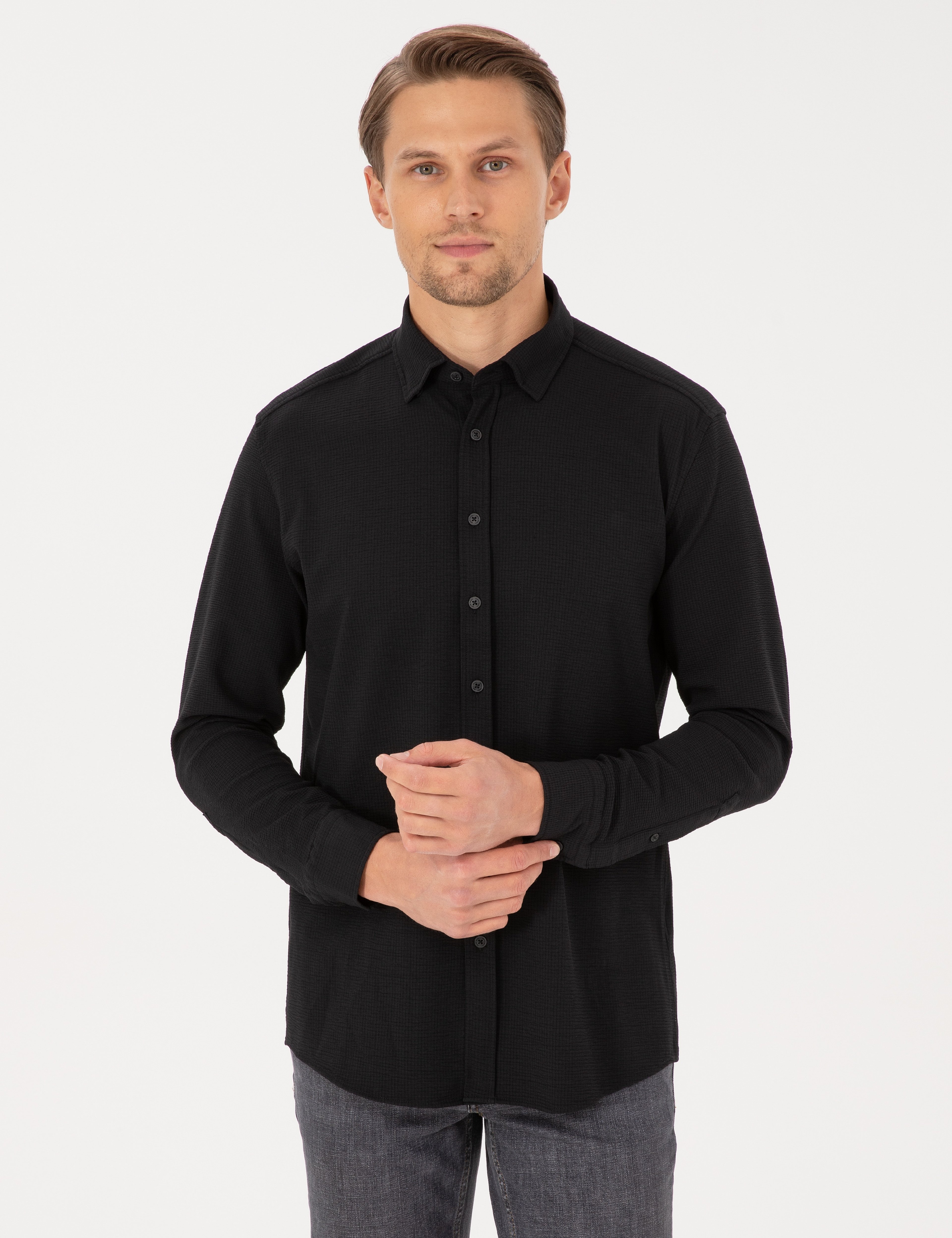 Siyah Esnek Slim Fit Çizgili Uzun Kollu Gömlek - Image 1
