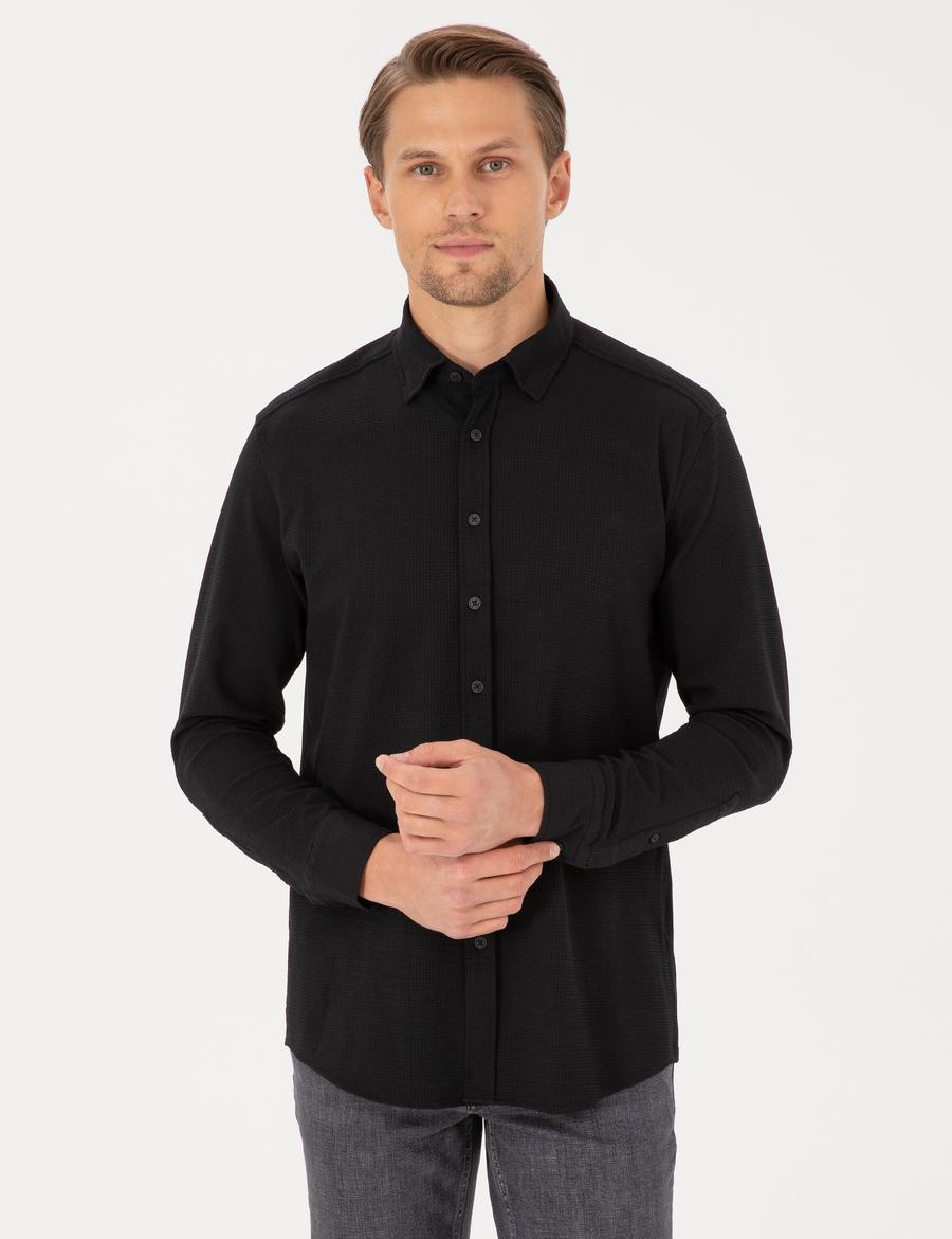 Siyah Esnek Slim Fit Çizgili Uzun Kollu Gömlek