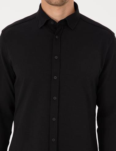Siyah Esnek Slim Fit Çizgili Uzun Kollu Gömlek