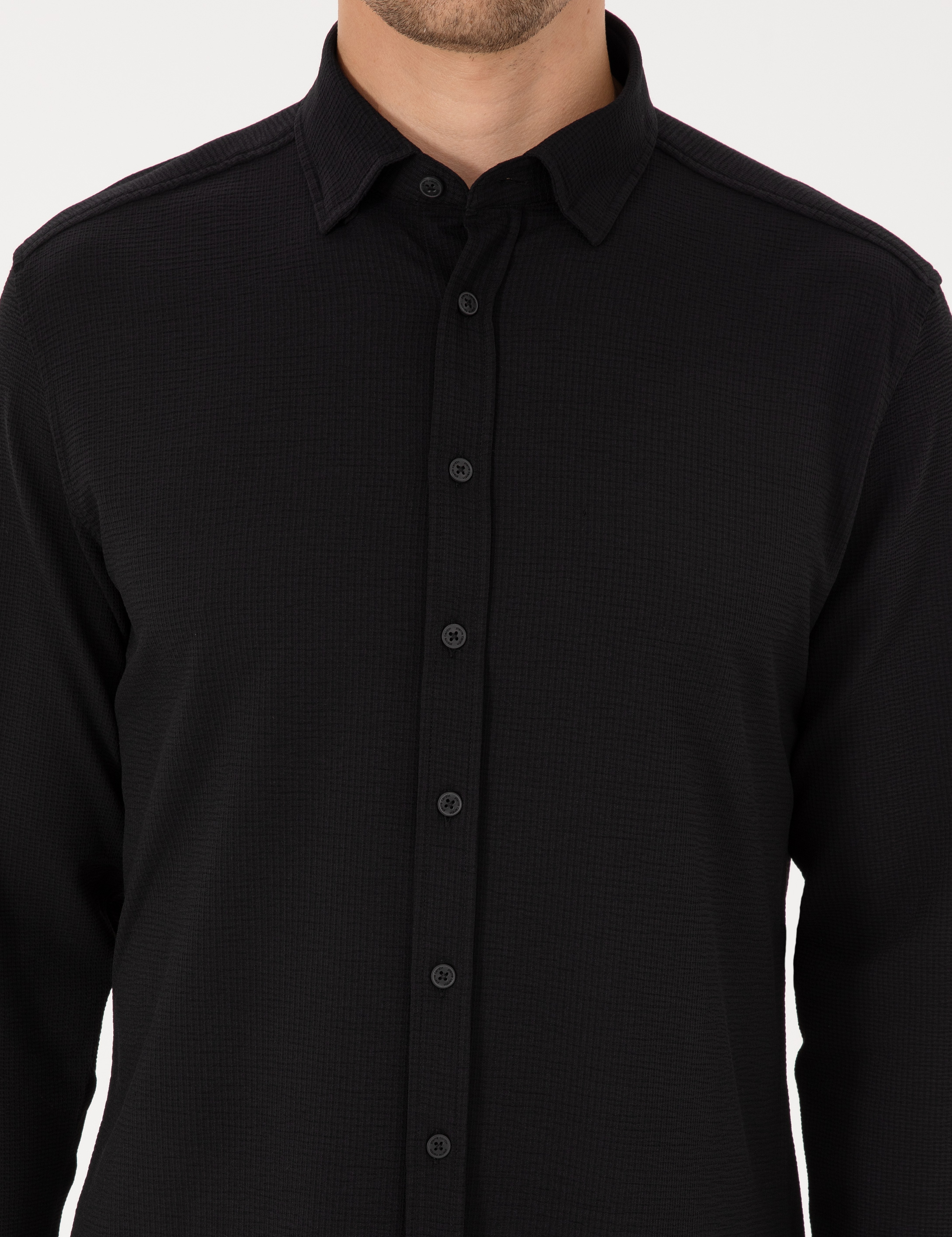 Siyah Esnek Slim Fit Çizgili Uzun Kollu Gömlek - Image 6