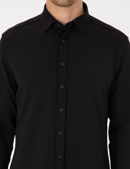 Siyah Esnek Slim Fit Çizgili Uzun Kollu Gömlek - 50307162035