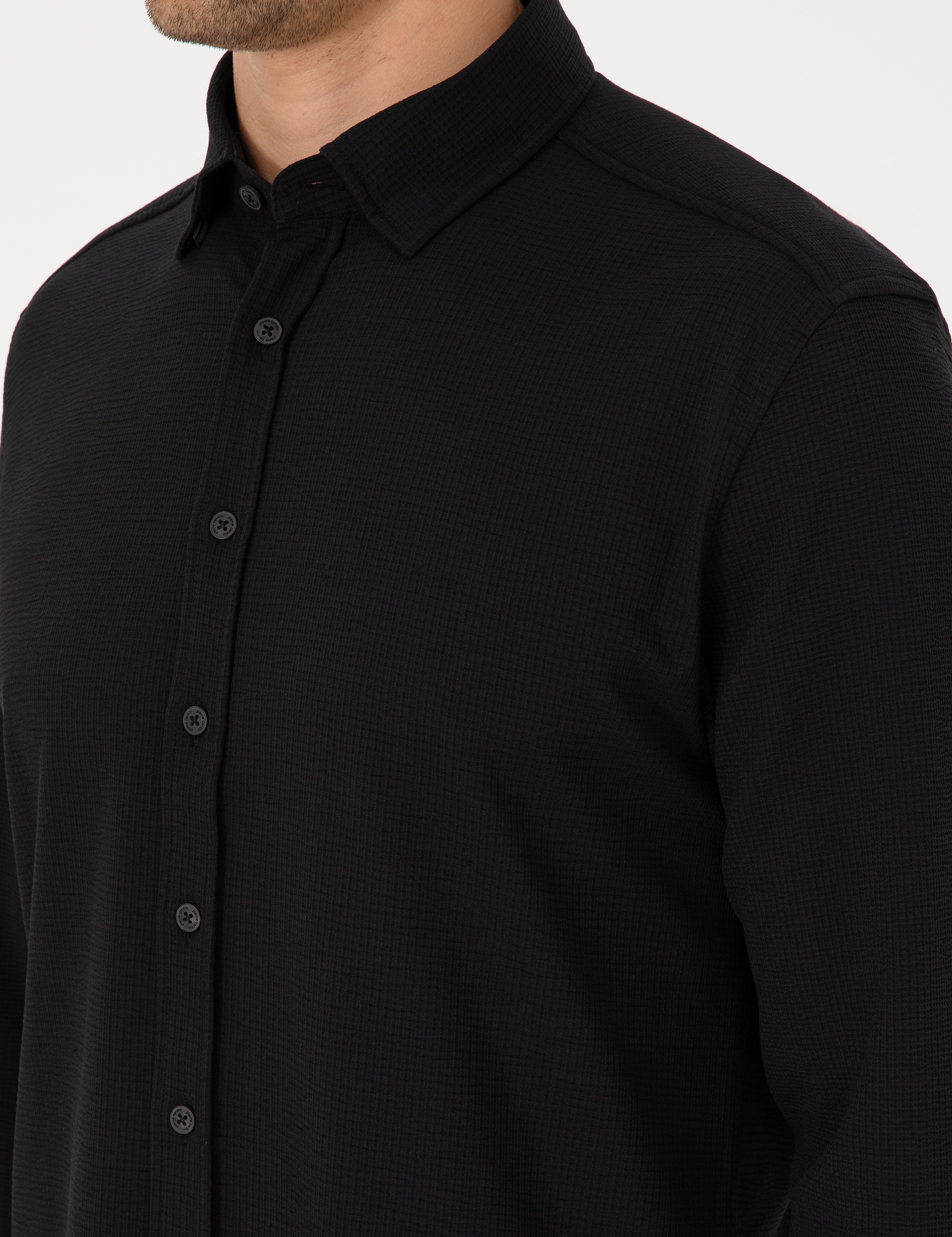 Siyah Esnek Slim Fit Çizgili Uzun Kollu Gömlek - Image 7