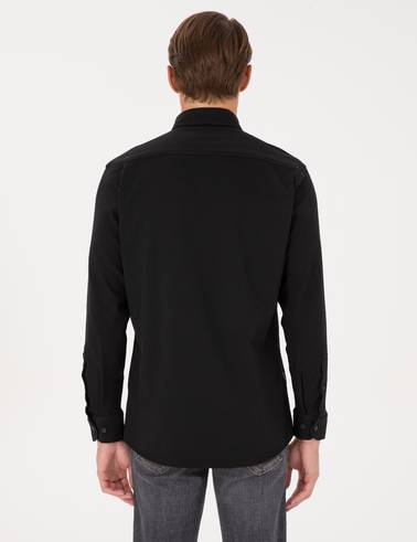 Siyah Esnek Slim Fit Çizgili Uzun Kollu Gömlek