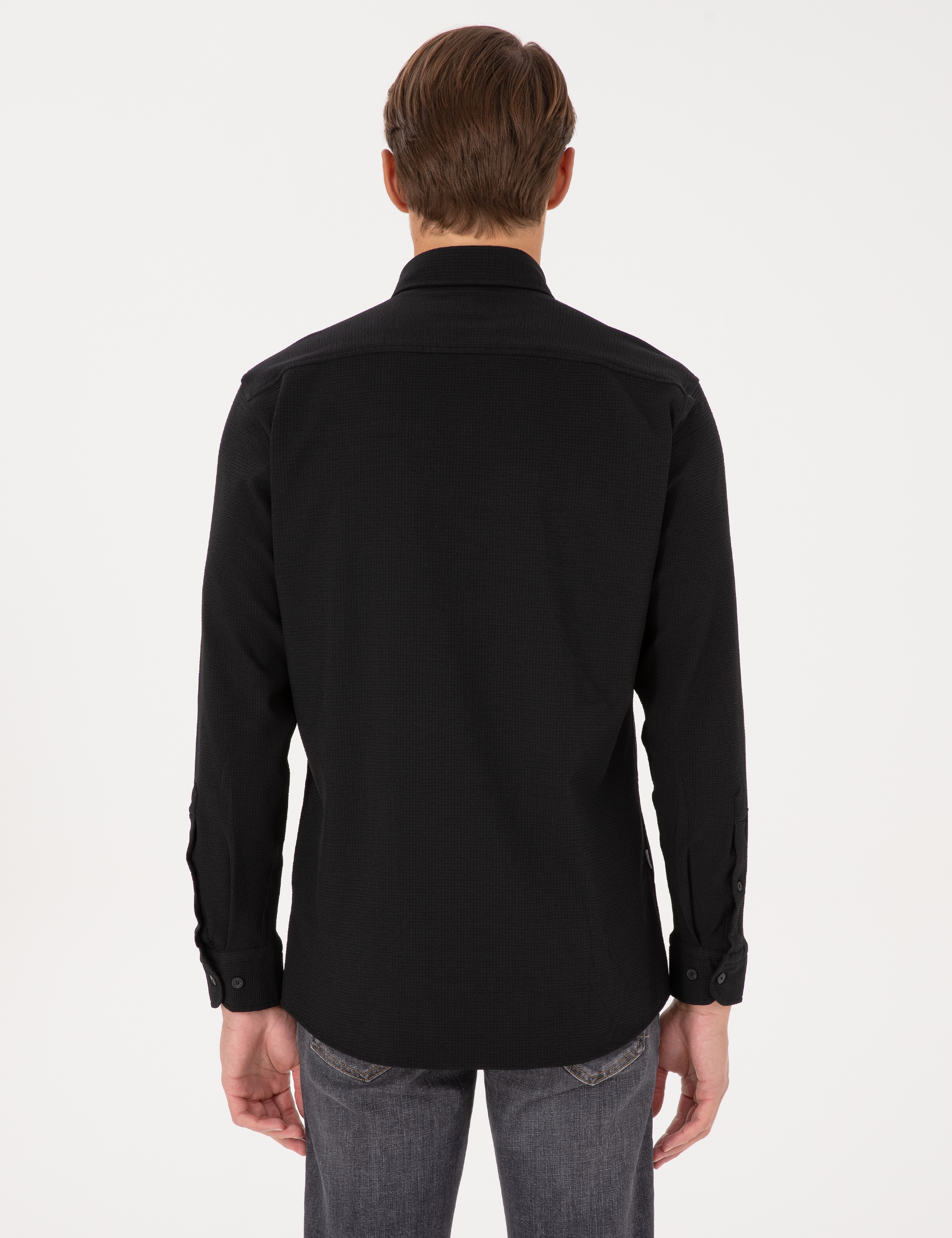 Siyah Esnek Slim Fit Çizgili Uzun Kollu Gömlek - Image 5