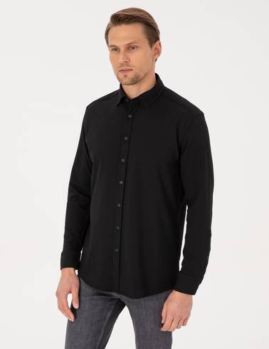 Siyah Esnek Slim Fit Çizgili Uzun Kollu Gömlek