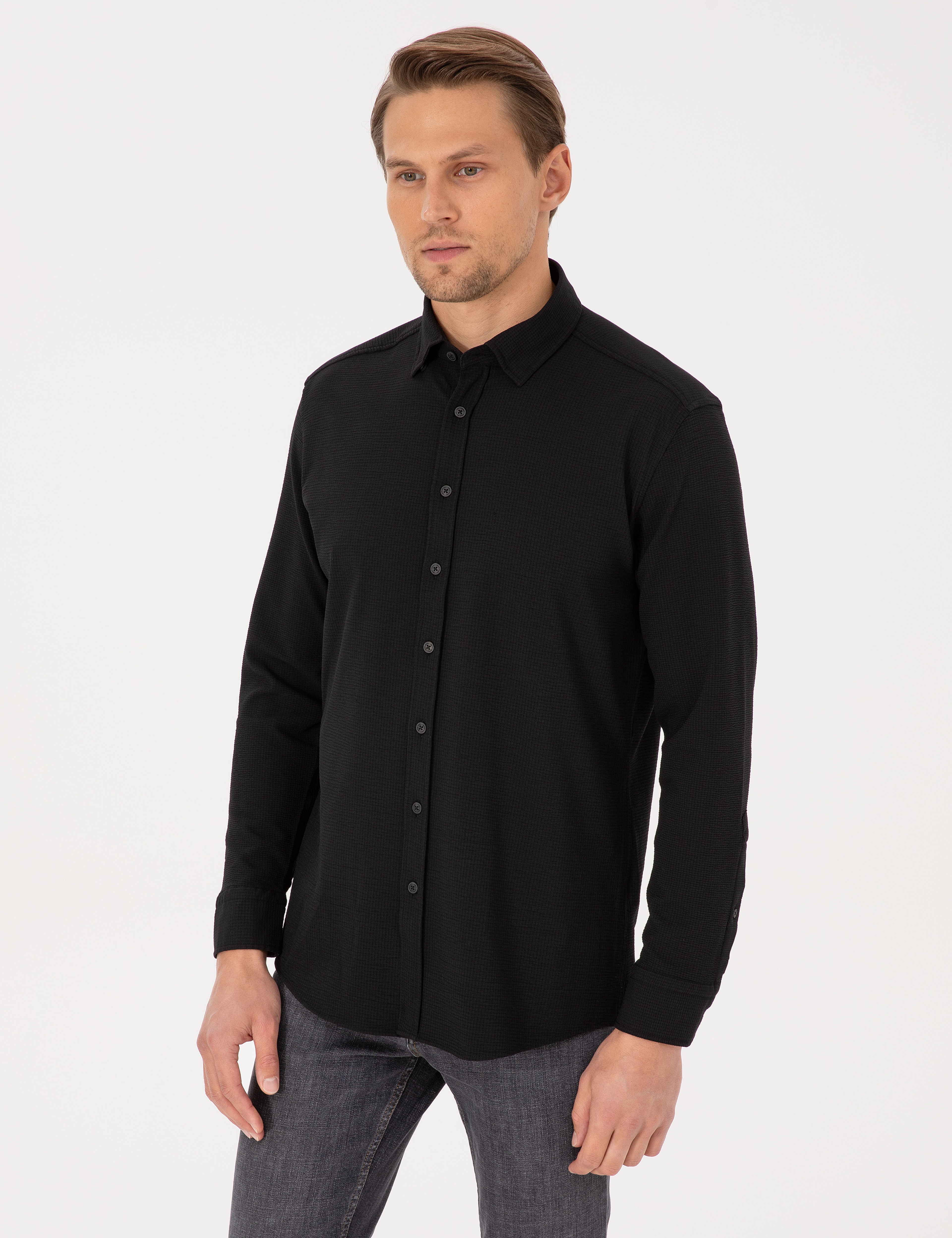 Siyah Esnek Slim Fit Çizgili Uzun Kollu Gömlek - Image 3
