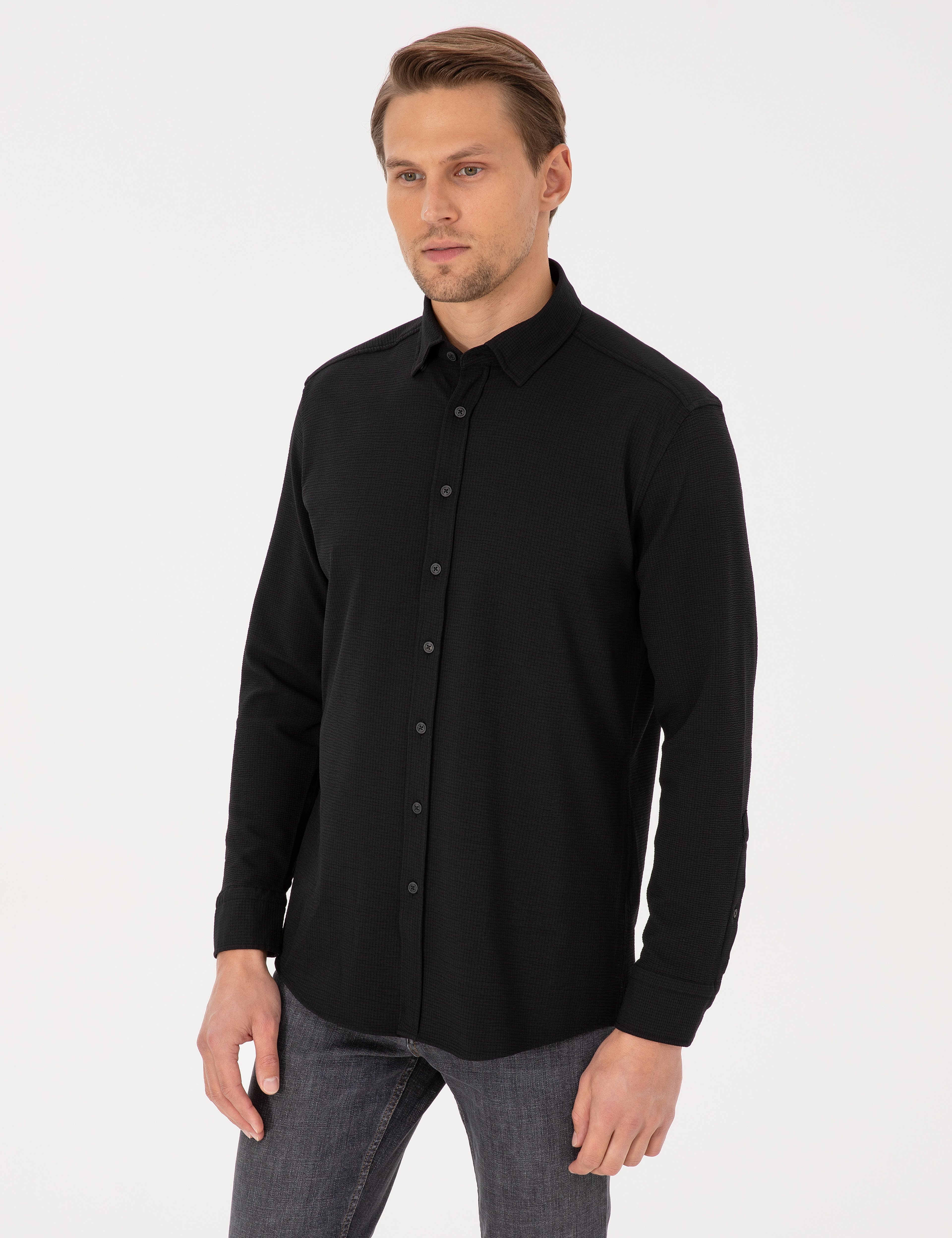 Siyah Esnek Slim Fit Çizgili Uzun Kollu Gömlek