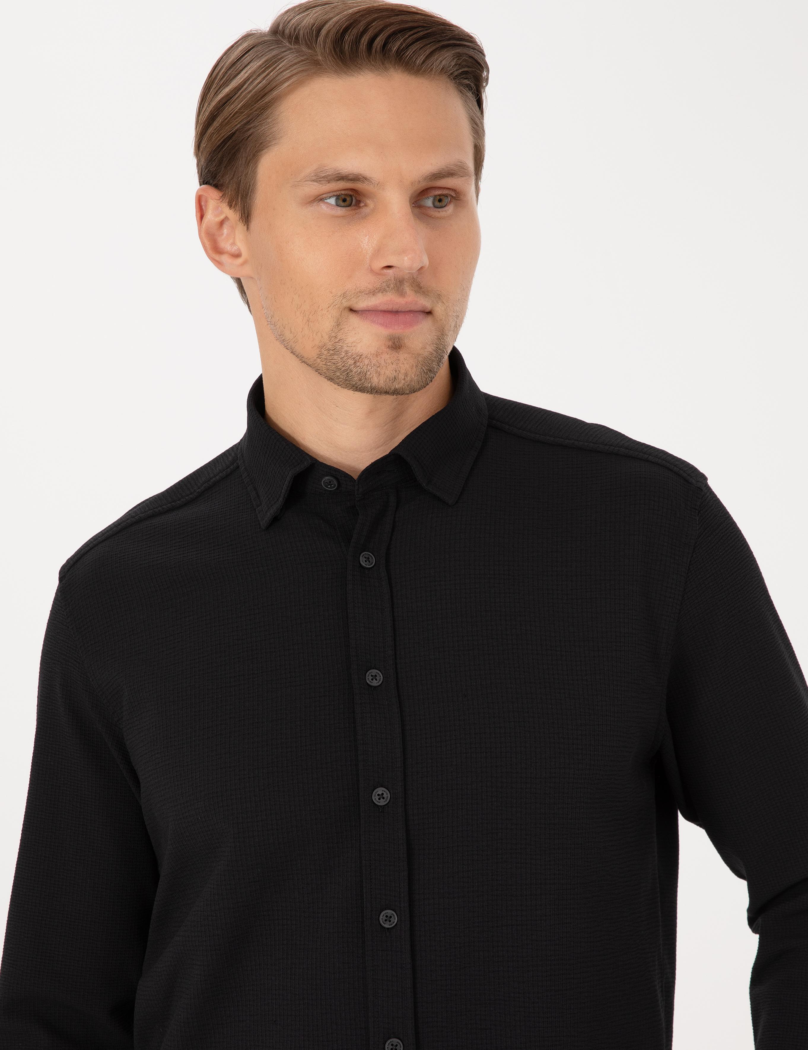 Siyah Esnek Slim Fit Çizgili Uzun Kollu Gömlek