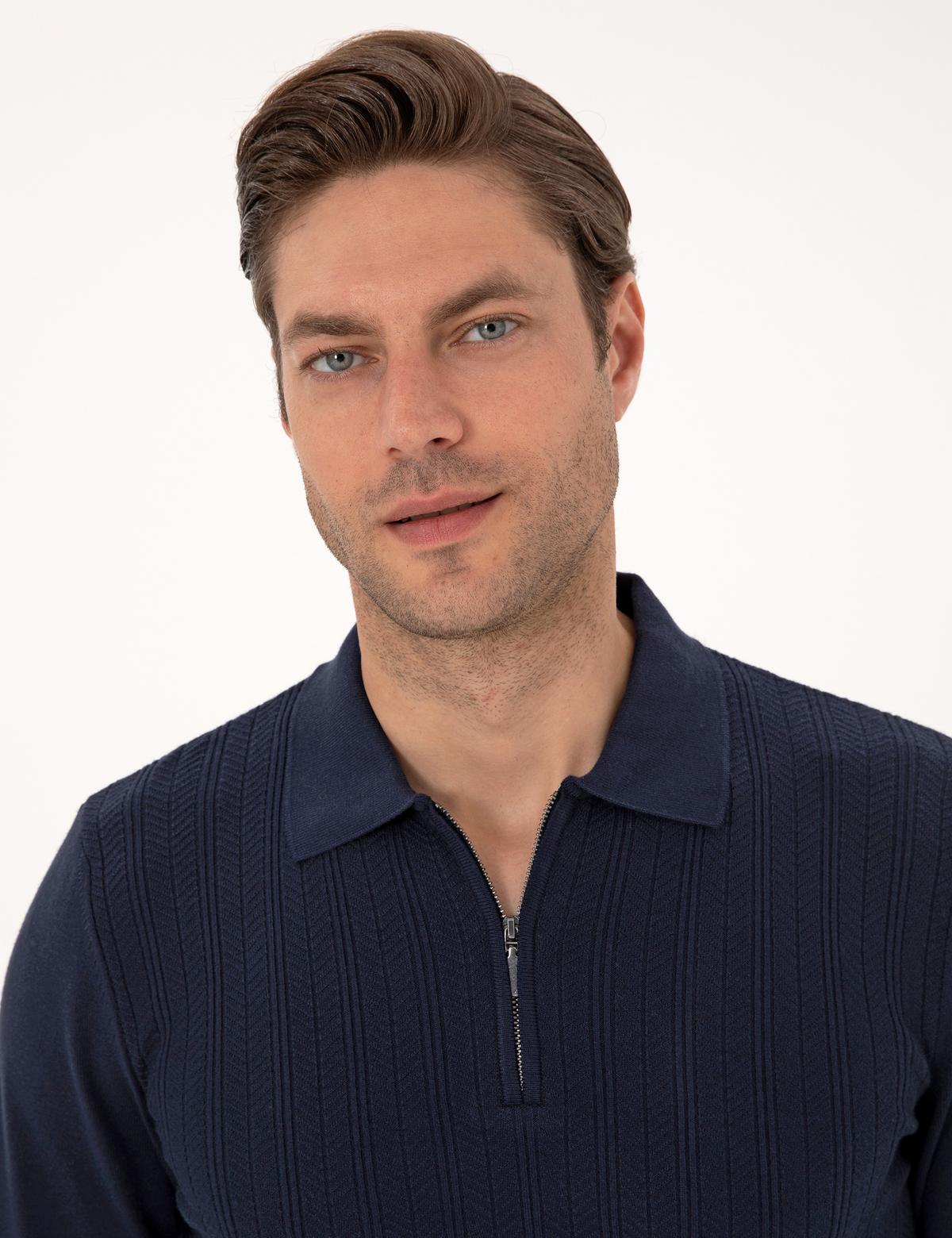 Lacivert Regular Fit Polo Yaka Fermuarlı Triko Kazak - 50315729038