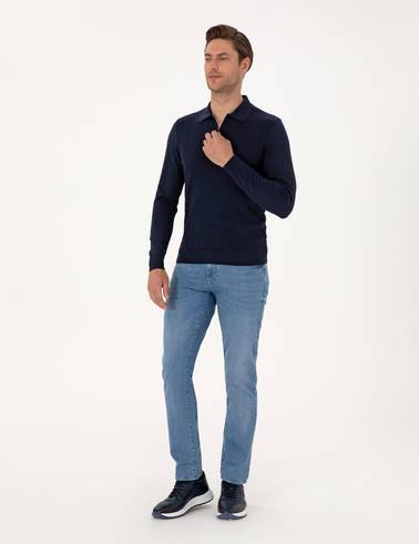 Lacivert Regular Fit Polo Yaka Fermuarlı Triko Kazak