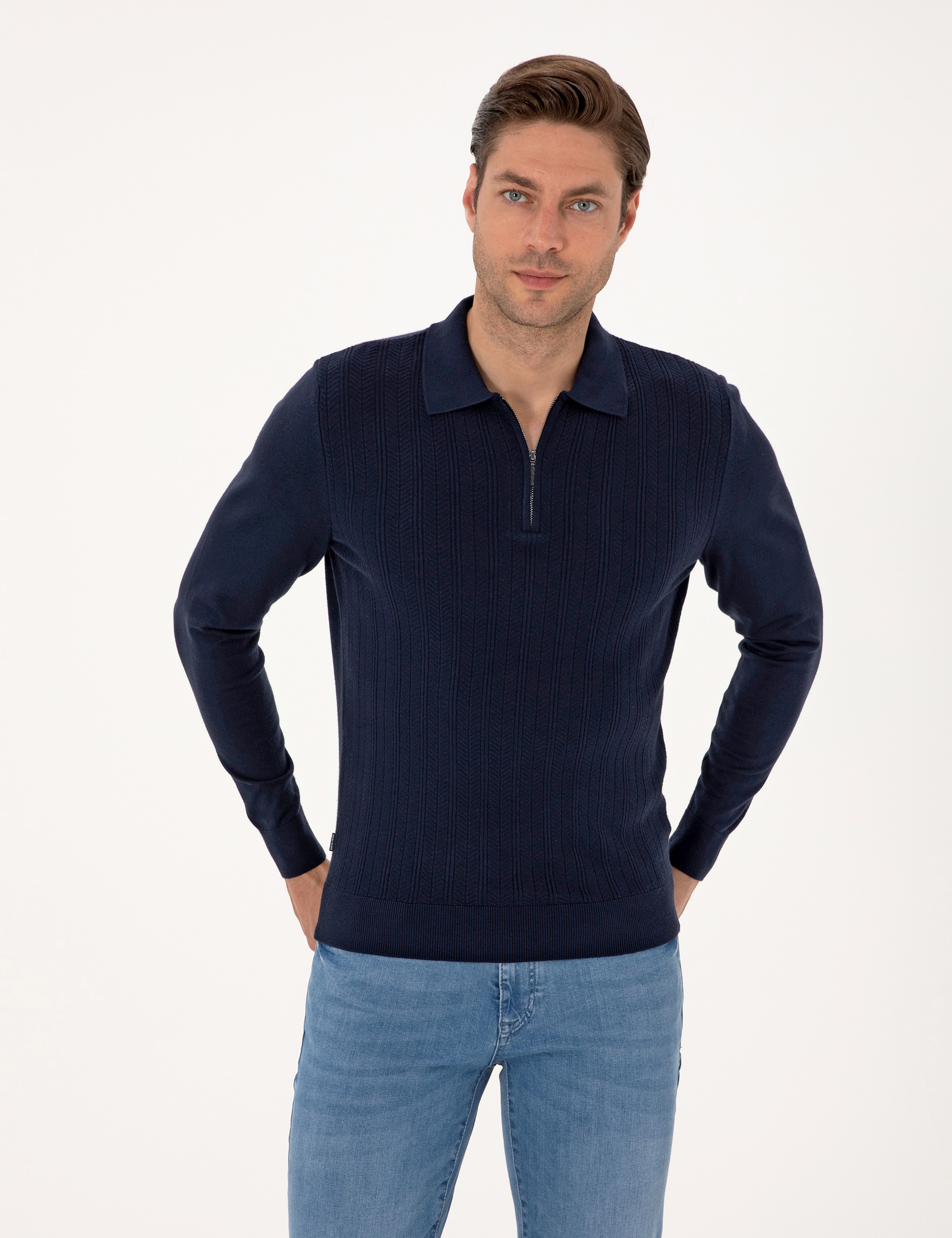 Lacivert Regular Fit Polo Yaka Fermuarlı Triko Kazak - Image 1