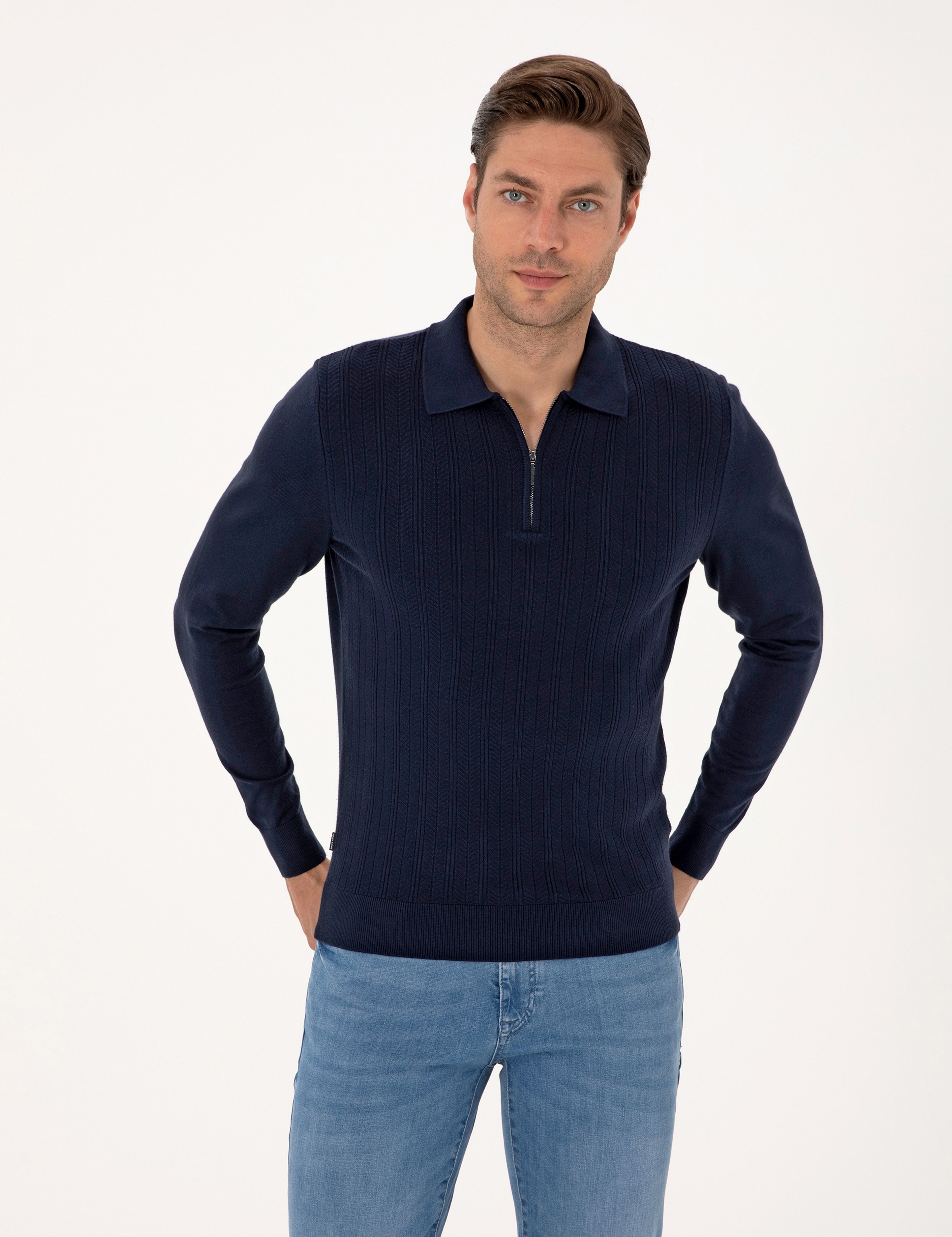 Lacivert Regular Fit Polo Yaka Fermuarlı Triko Kazak