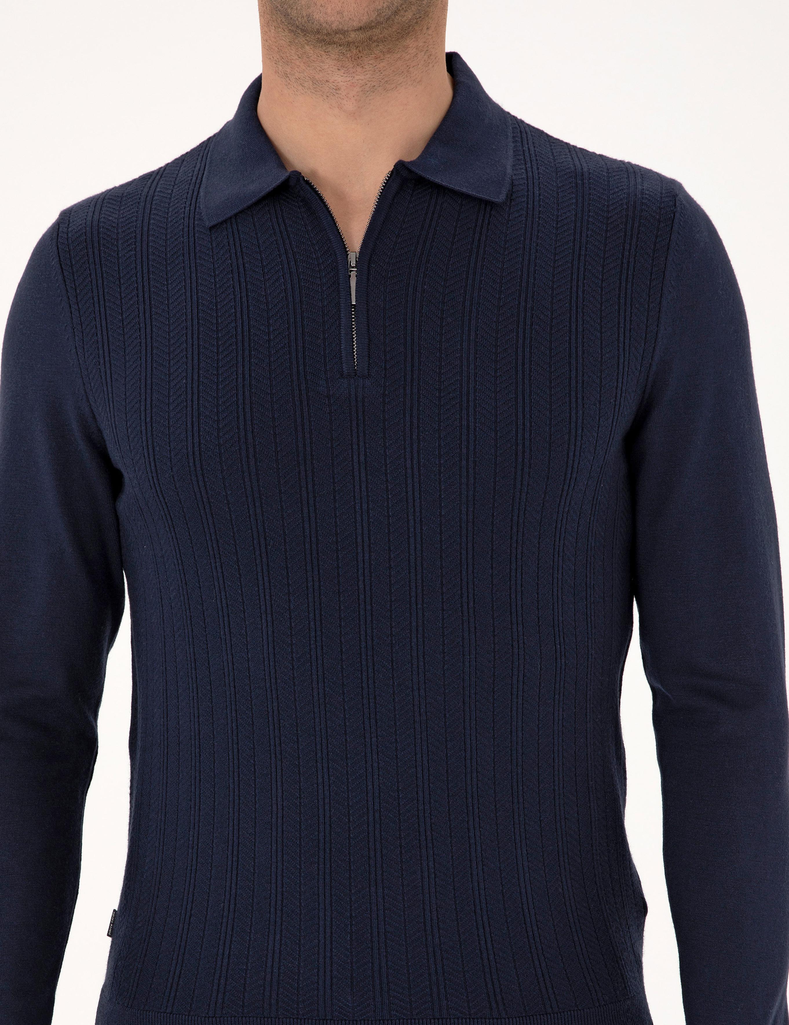 Lacivert Regular Fit Polo Yaka Fermuarlı Triko Kazak