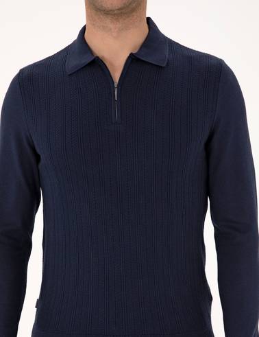 Lacivert Regular Fit Polo Yaka Fermuarlı Triko Kazak