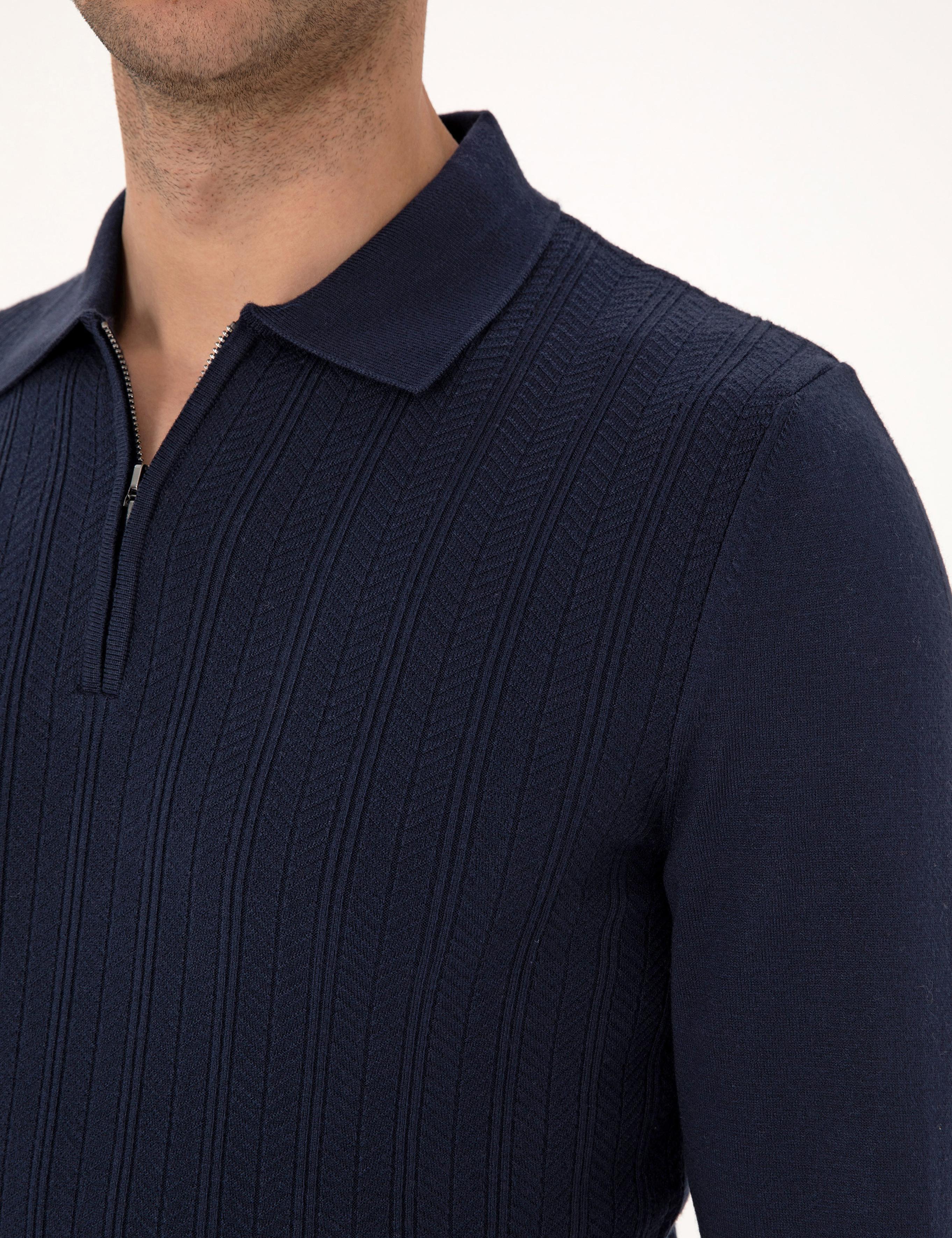 Lacivert Regular Fit Polo Yaka Fermuarlı Triko Kazak