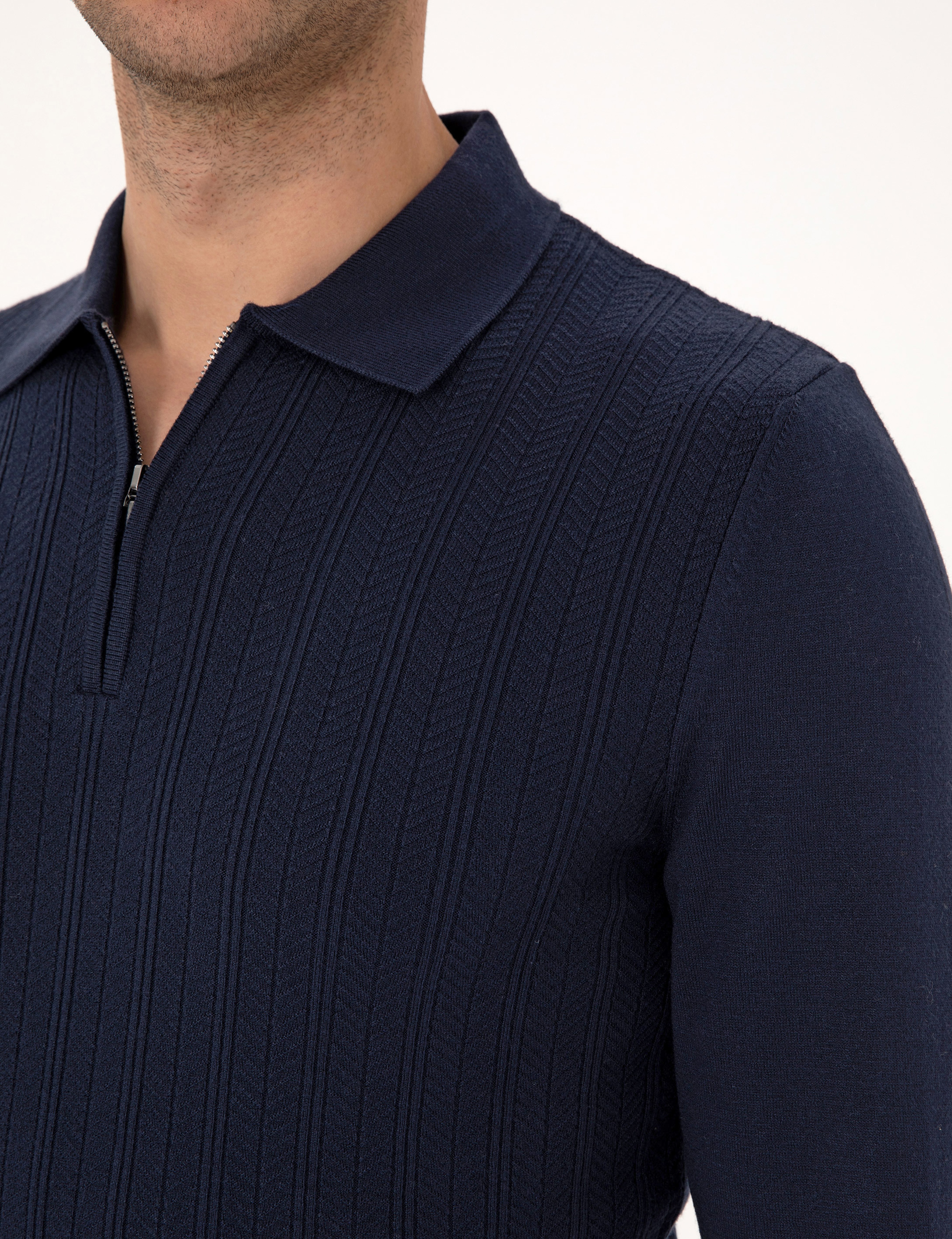 Lacivert Regular Fit Polo Yaka Fermuarlı Triko Kazak