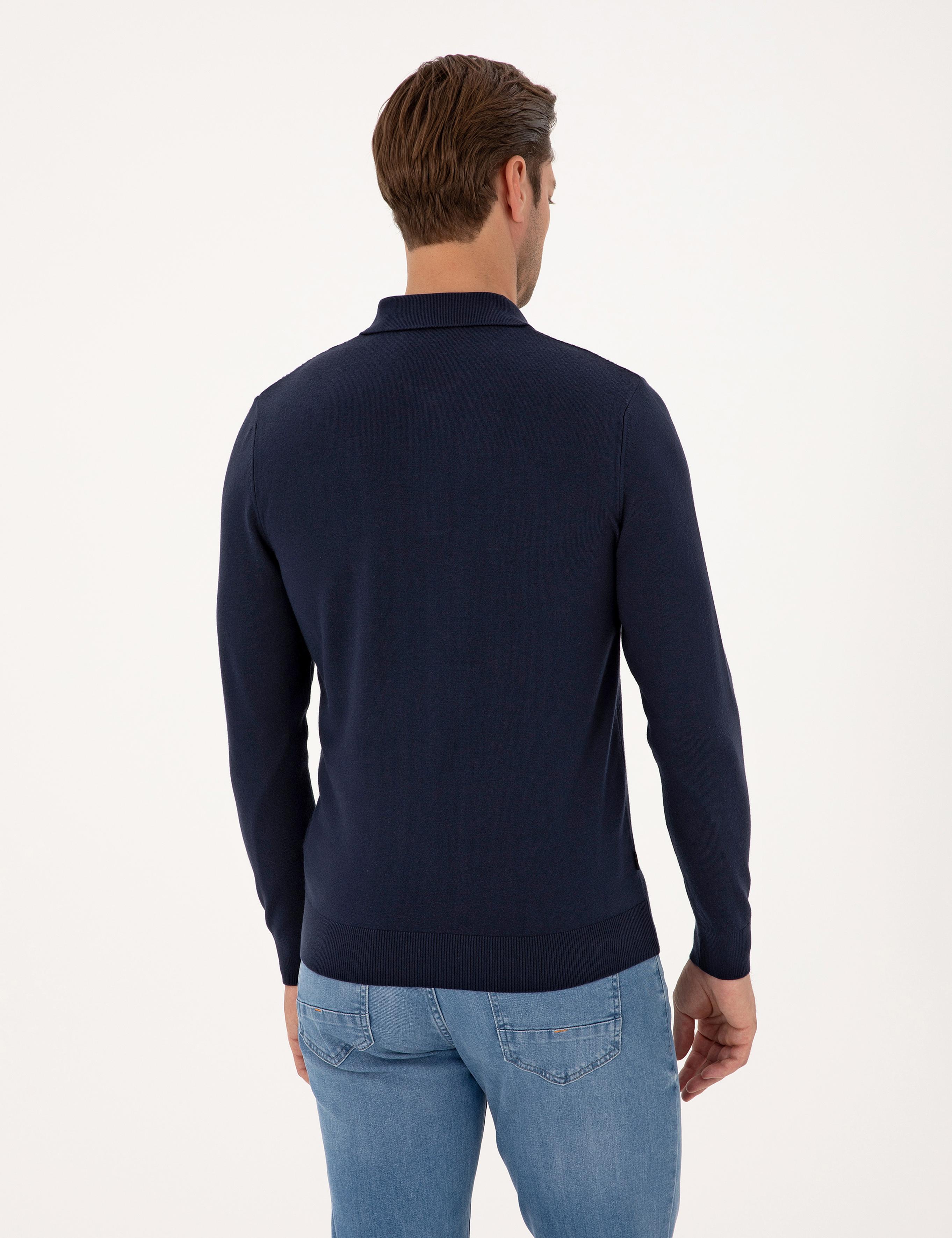 Lacivert Regular Fit Polo Yaka Fermuarlı Triko Kazak