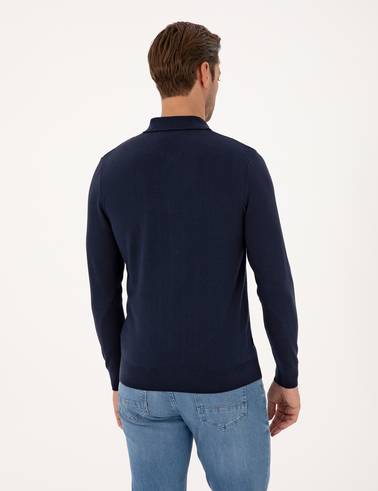 Lacivert Regular Fit Polo Yaka Fermuarlı Triko Kazak