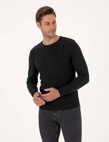 Siyah Slim Fit Bisiklet Yaka Triko Kazak