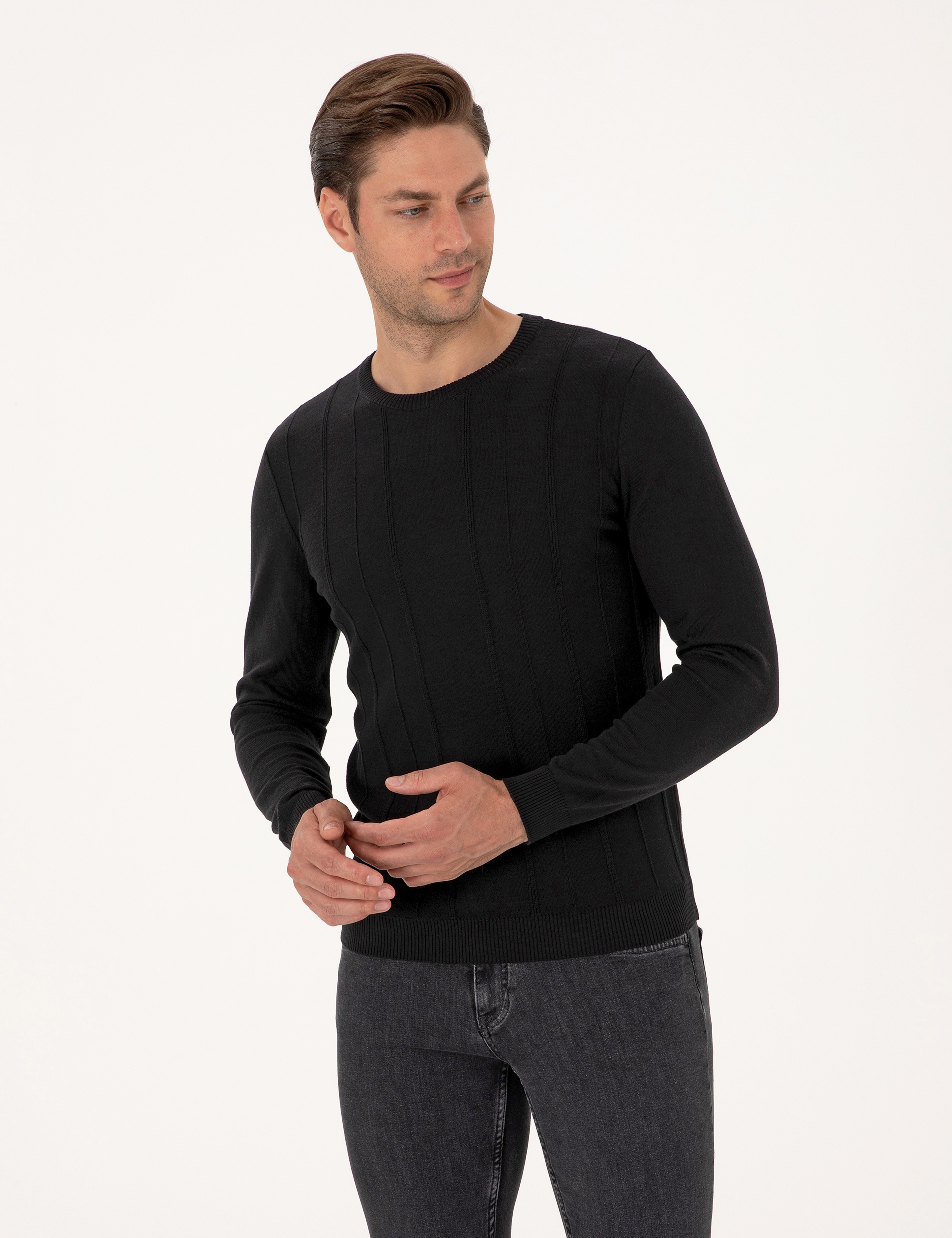 Siyah Slim Fit Bisiklet Yaka Triko Kazak - Image 3